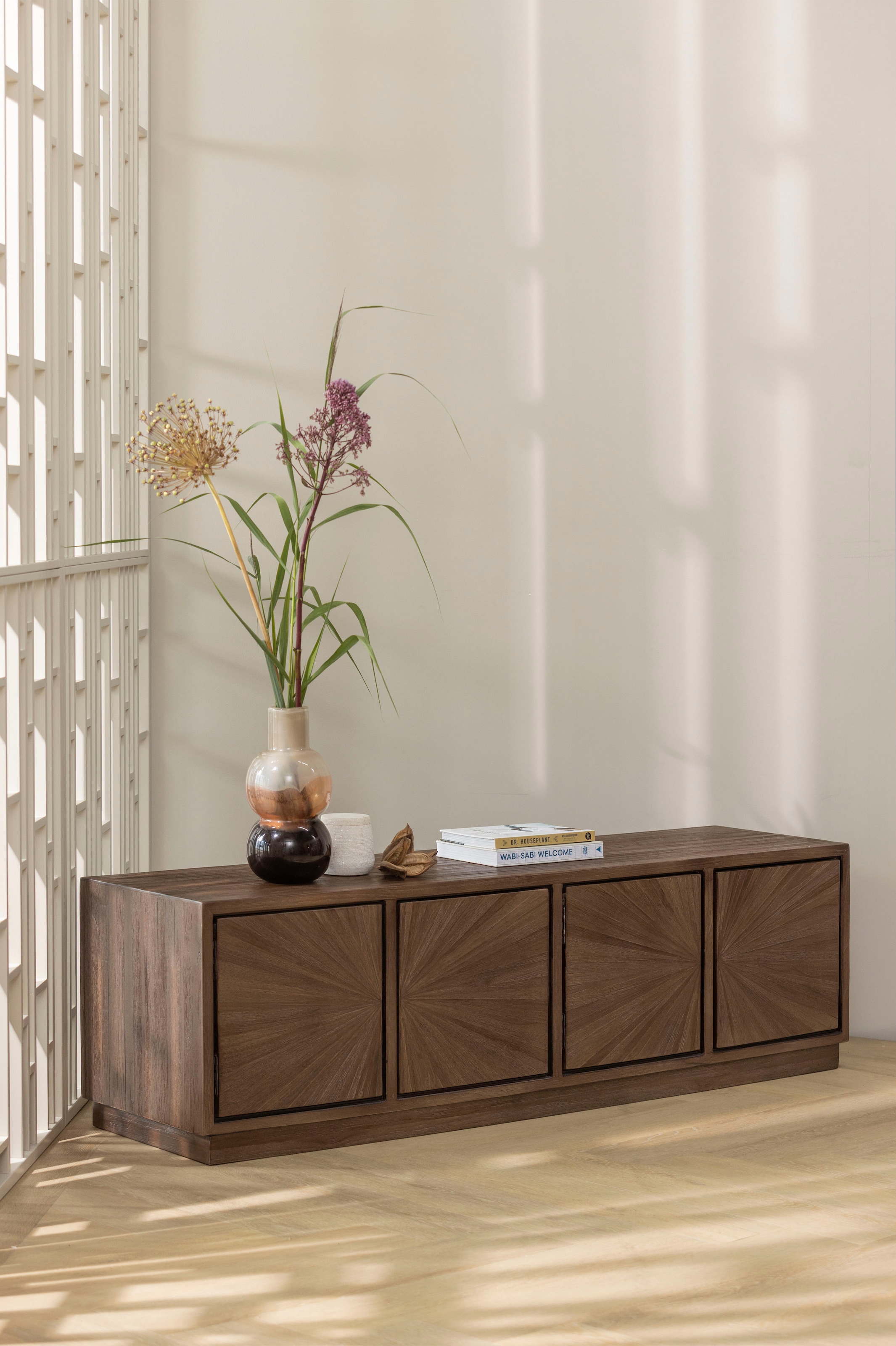 WOOOD Table basse »Sun mit 4 Türen und recyceltem Teakholz« Teck recyclé, bois dur tropical à grain droit