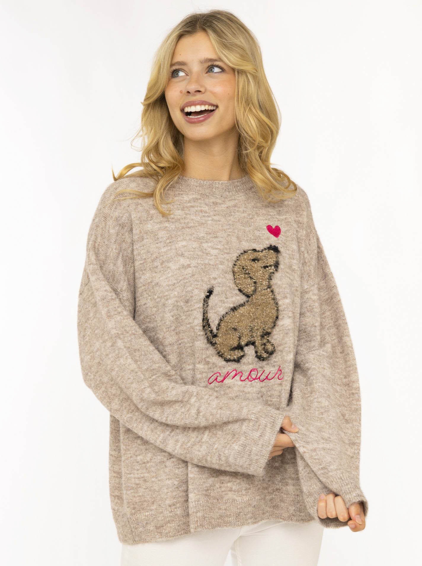 Zwillingsherz Pull en tricot »"Dog Amour"« mit Hundemotiv, Rundhals, oversize, überschnittene Schultern, Strick