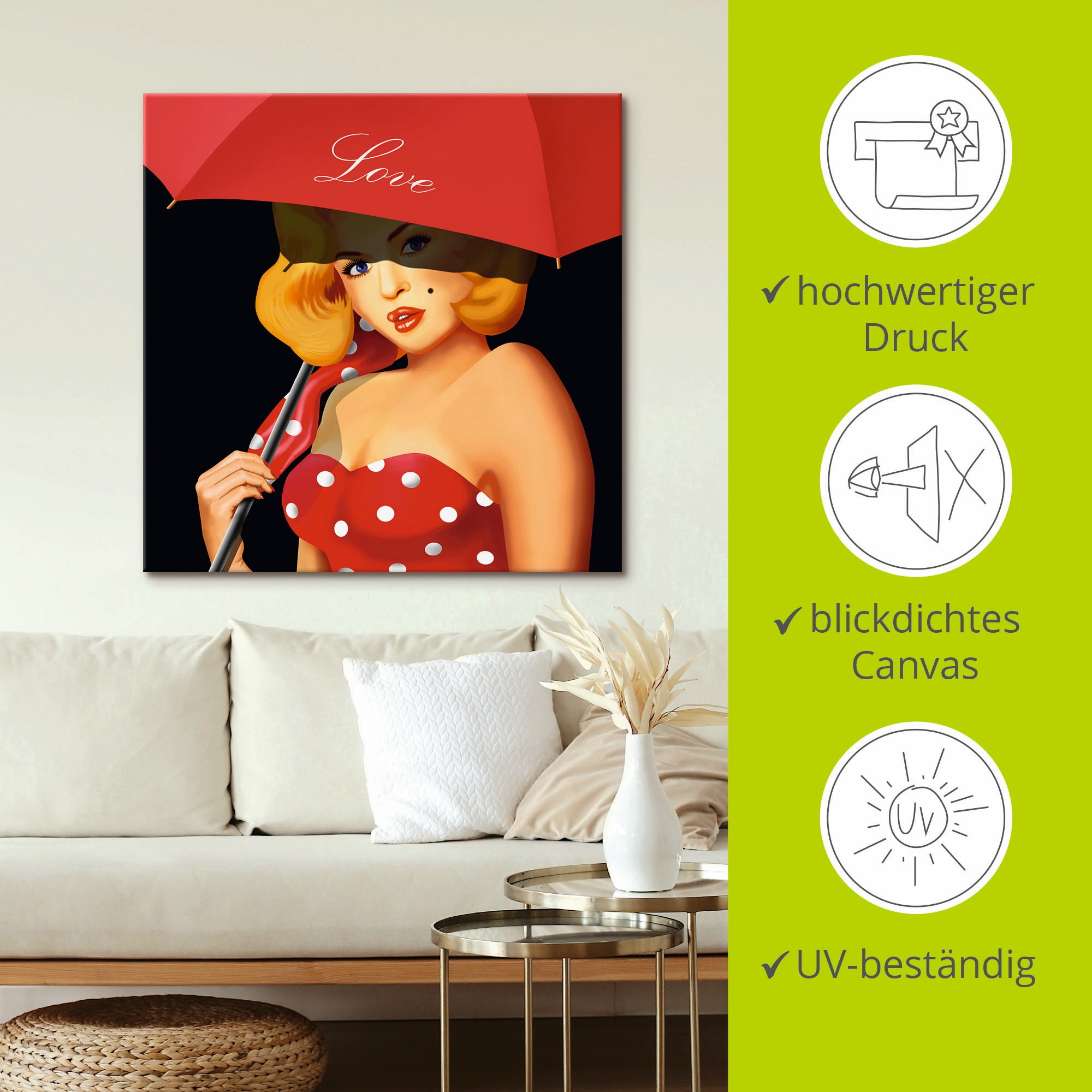 Artland Wandbild »Pin-Up Girl unter rotem Regenschirm« Frau 1 Stk. tlg. als Alubild, Leinwandbild in verschied. Grössen