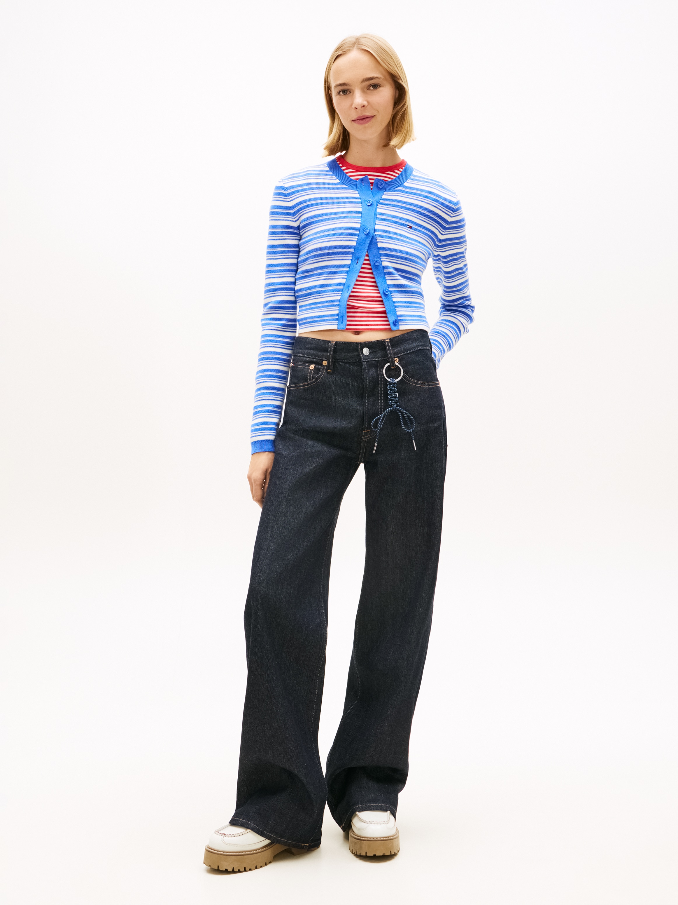 Tommy Jeans Veste en tricot »TJW CREW NECK STRIPE CARDI EXT« coton pur, look rayé