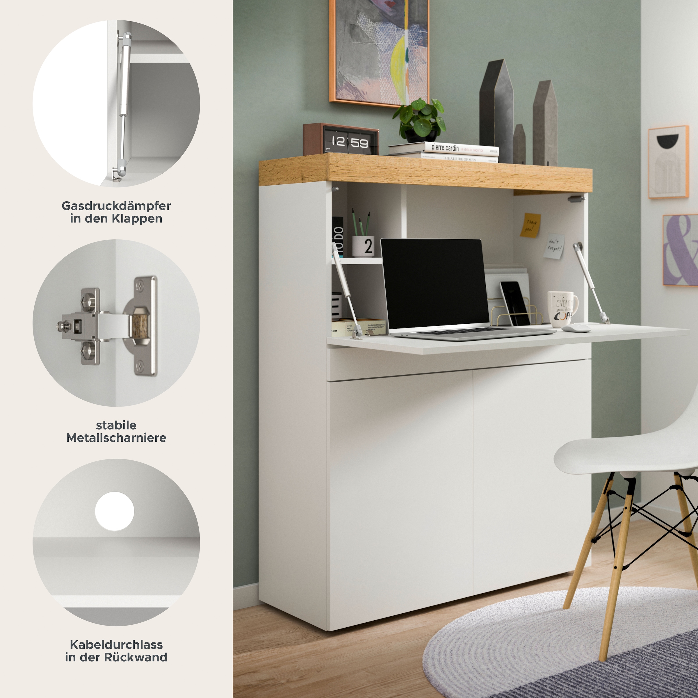 GOODproduct Secrétaire »MAMBO, Höhe 122cm, Home-Office-Schreibtisch, PC-Schrank« 2 Türen, 1Klappe, 7 Fächer, 1 Schubkasten, 3 höhenverstellbare Böden,  Multifunktional mit viel Stauraum, klappbare Tischfläche