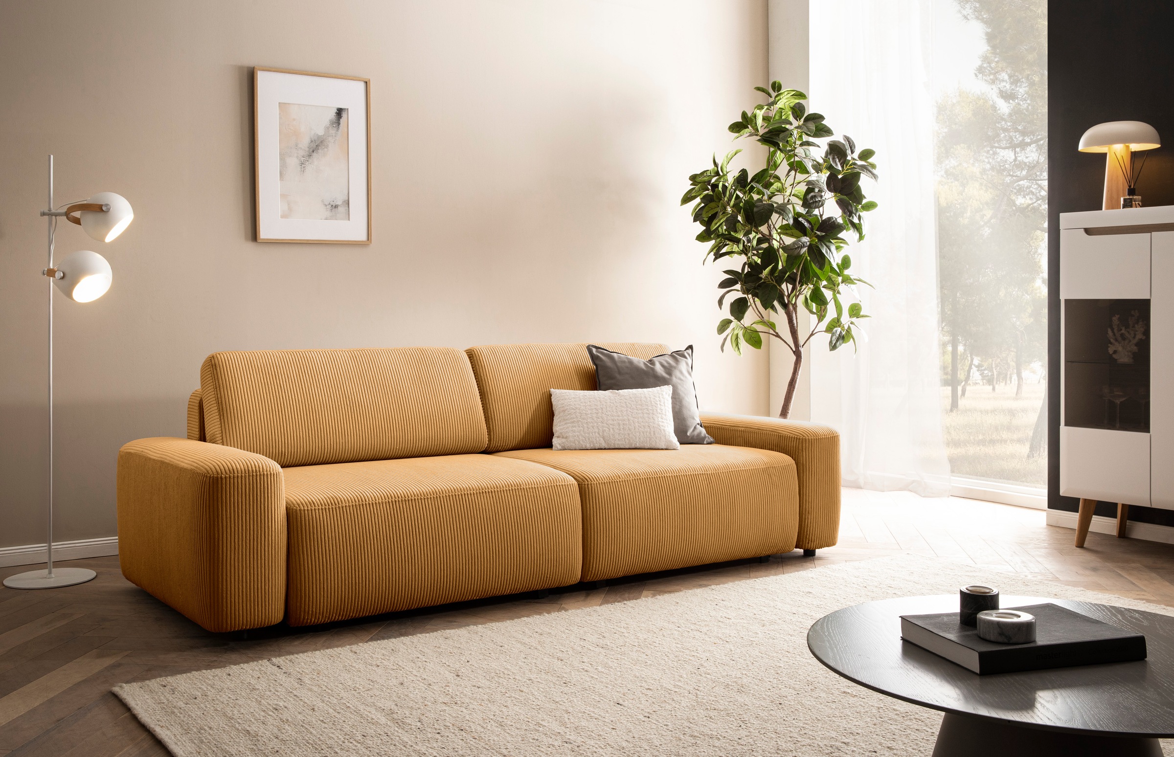 INOSIGN 3-Sitzer »TORGE (257cm), Sofa,Schlafsofa in Cord, Samtvelours, Struktur fein«, rundes Design, Schlaffunktion u. Bettkasten, Liegefläche: 135/200 cm