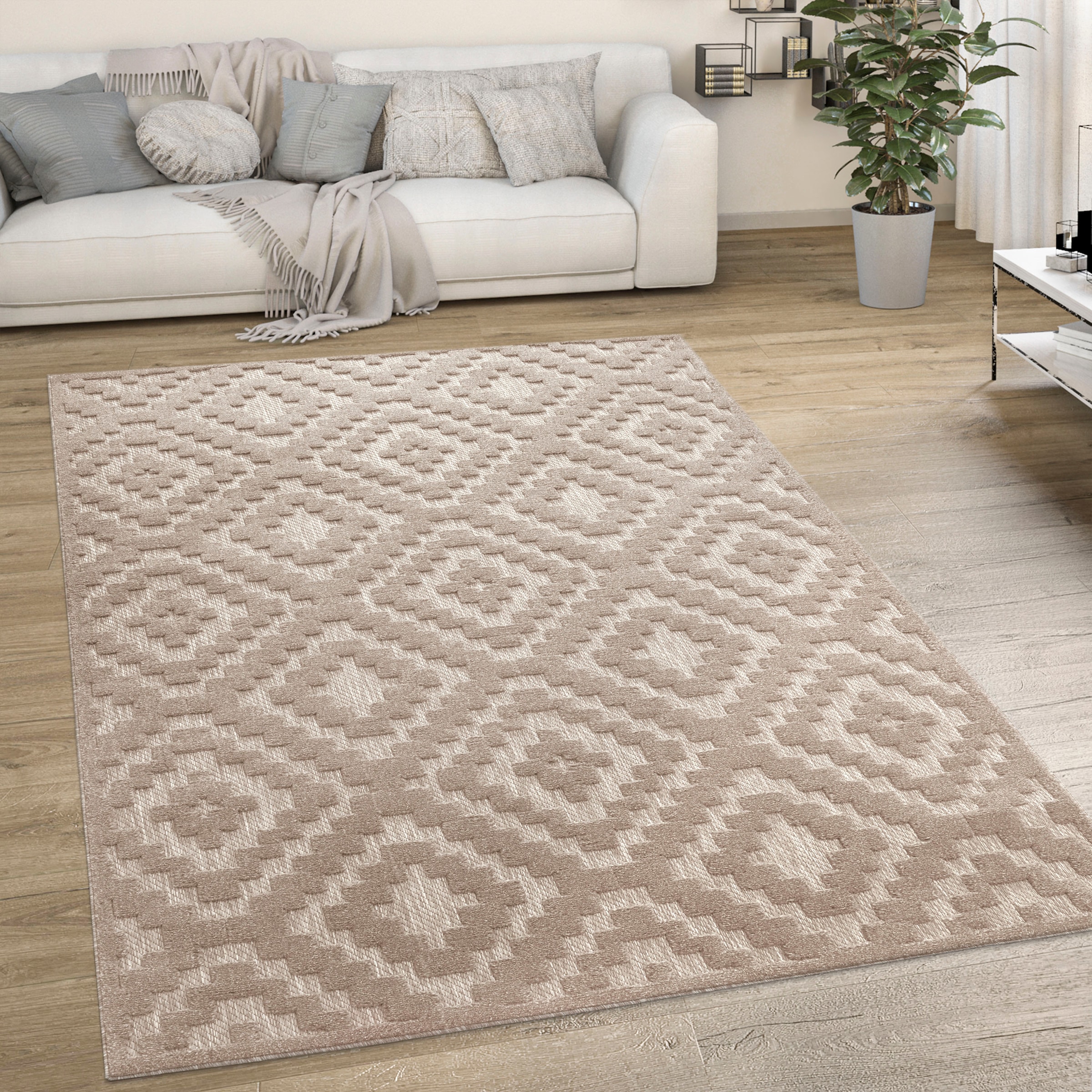 Image of Paco Home Teppich "Livorno 671" rechteckig 14 mm Höhe Uni-Farben, Scandi, Rauten Muster, Hoch-Tief Effekt, Outdoor geeignet