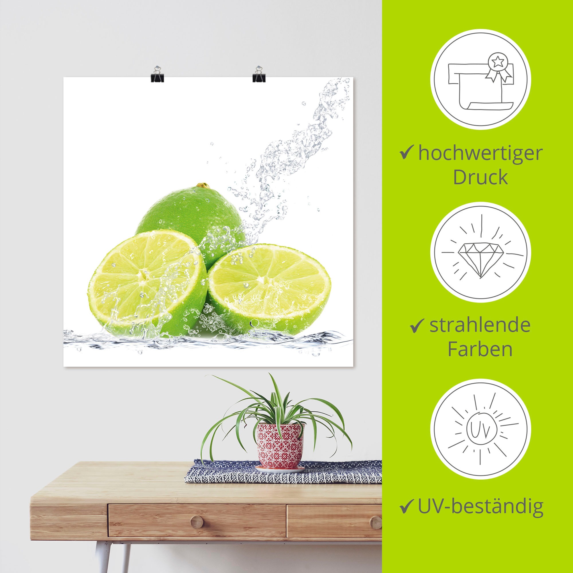 Artland Wandbild »Limette mit Spritzwasser«, Lebensmittel, (1 St.), als Leinwandbild, Poster, Wandaufkleber in verschied. Grössen