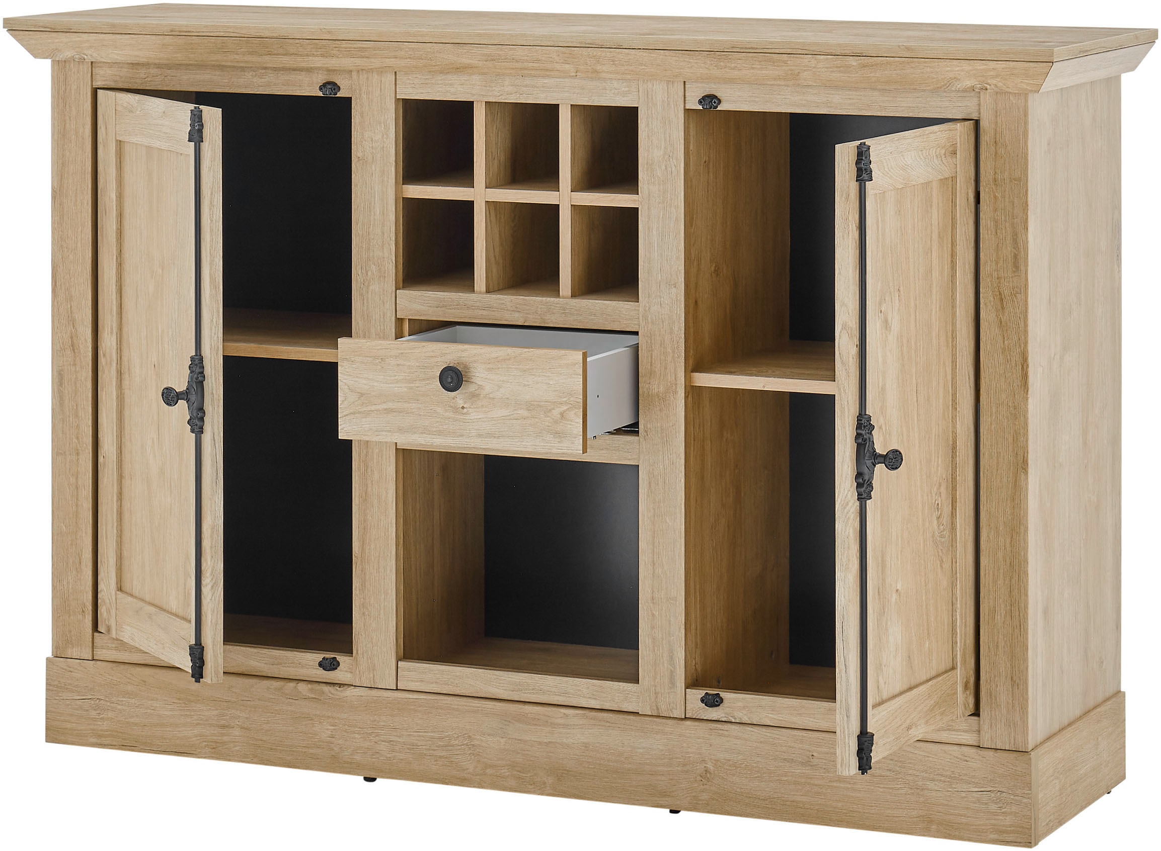 Home affaire Highboard »Cornwall, Kommode im Landhausstil, Schrank, Sideboard, Eiche Dekor«, (1 St.), verschnörkelte Metallgriffe, ausreichend Stauraum, 152 cm breit