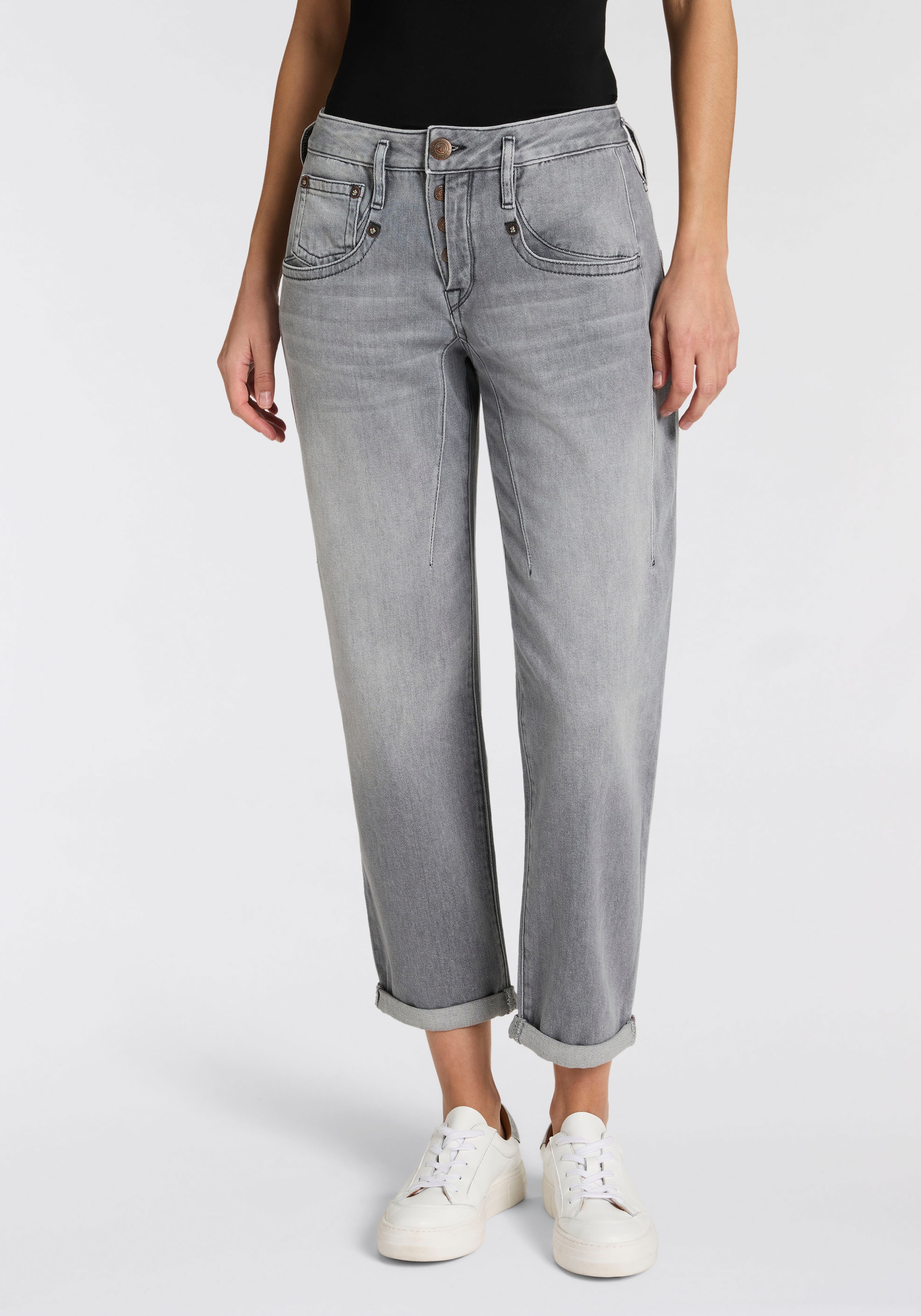 Image of Herrlicher Boyfriend-Jeans "Shyra Tap Denim Grey Light Stretch" High Waist mit Umschlagsaum