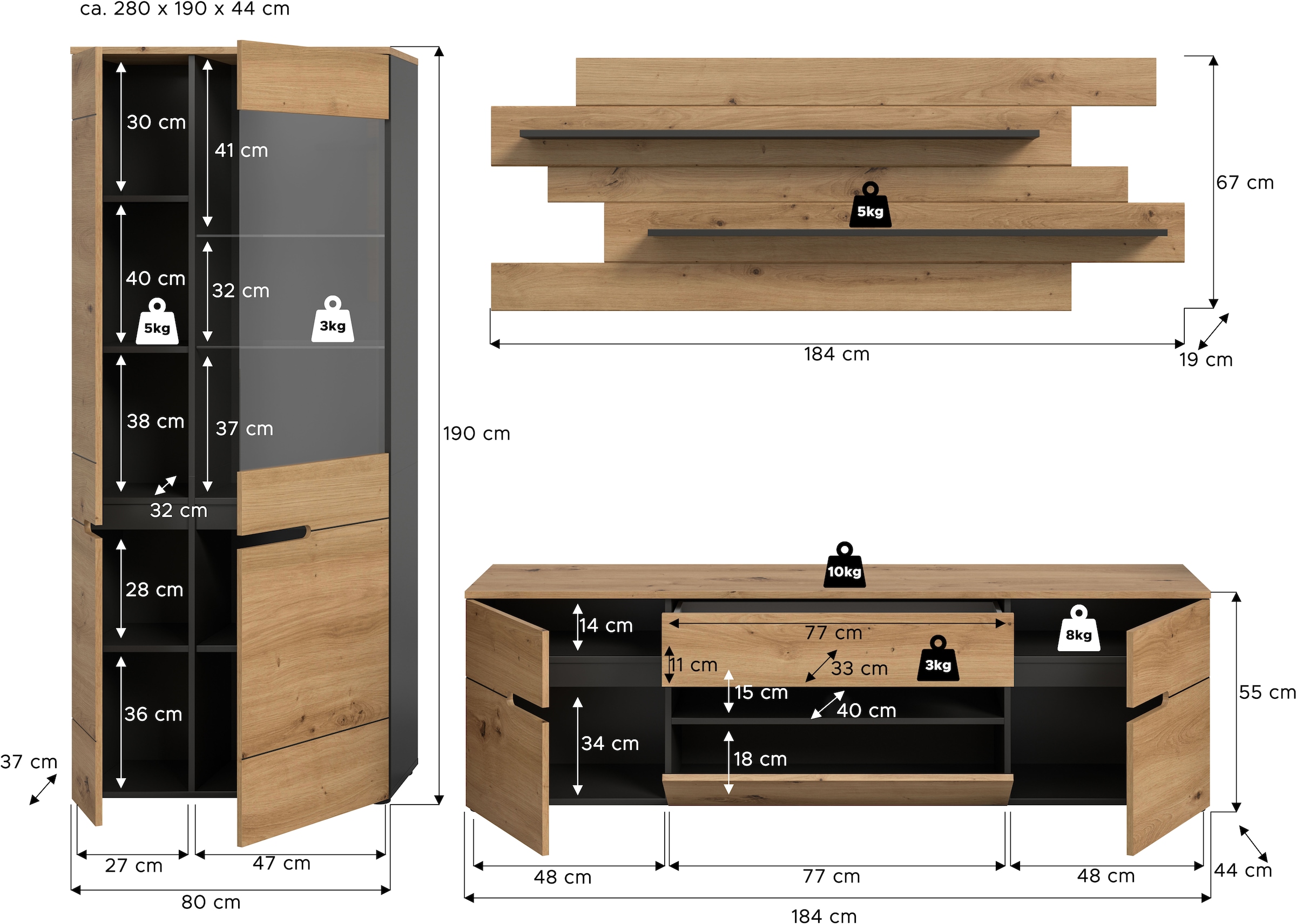 INOSIGN Wohnwand »REHAT, TOPSELLER!, 3-teilig, Breite 280 cm, individuell stellbar« Set bestehend aus: Vitrine, Lowboard und Wandboard, 3 Stk. tlg.