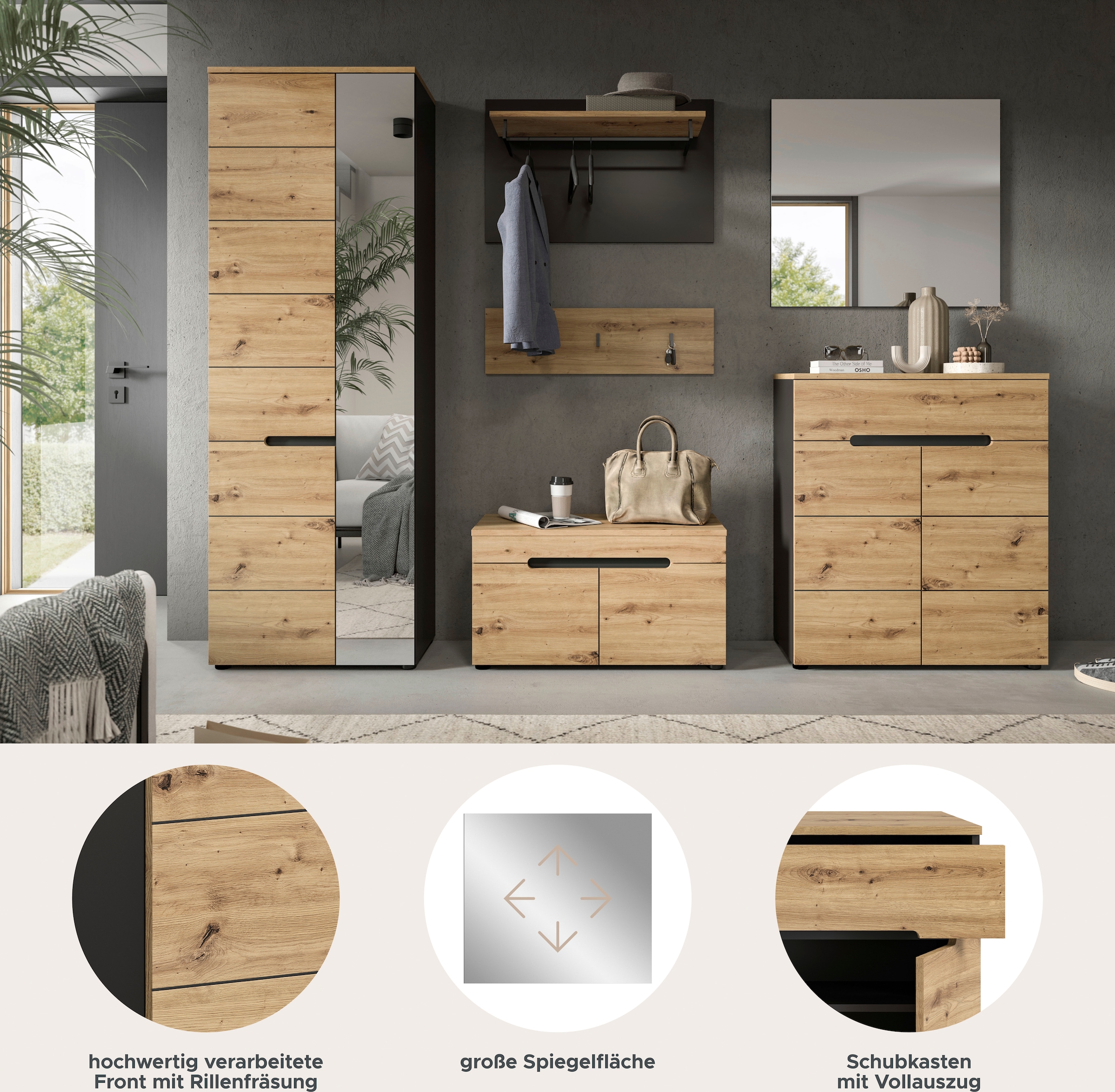 INOSIGN Garderoben-Set »Rehat, Garderobenkombination, Breite 255cm«, (6 St.), 6-teiliges Flurgarderoben Set mit viel Stauraum, Flur Möbel