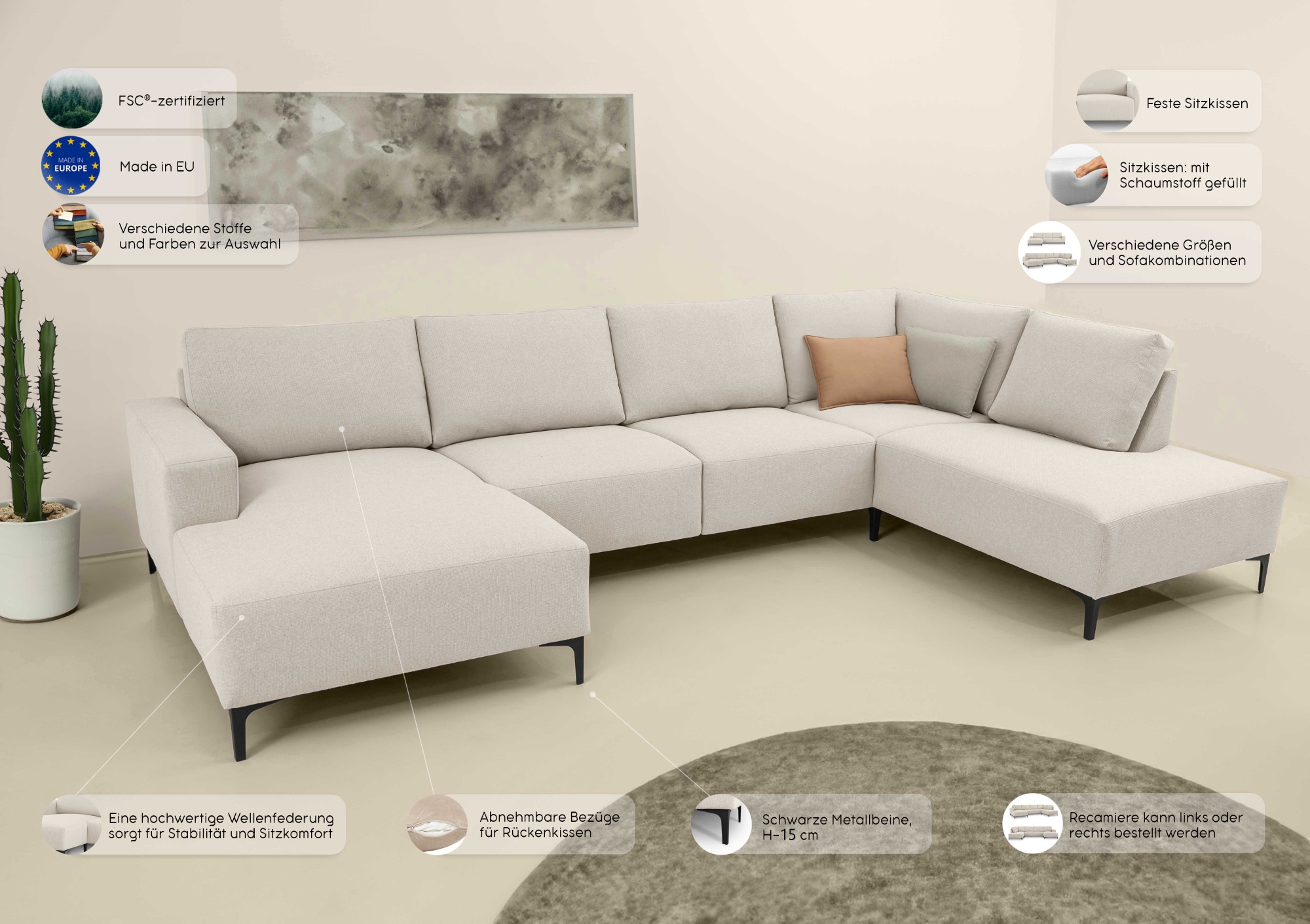 Home affaire Wohnlandschaft »Tournon U-Form, XXL Sofa, Breite 333 cm, Webstoff, Chenille«, Designsofa im nordischen Stil, Wellenunterfederung, Metallfüsse