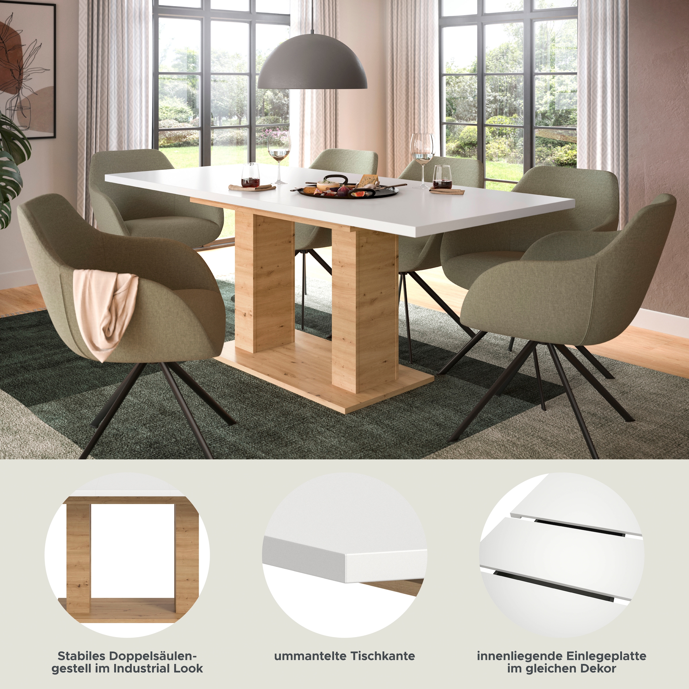 Home affaire Table de salle à manger »Motus, ausziehbar 150 -190 cm, inklusive 40 cm Einlegeplatte« Ensemble, 1 cuis tlg. Doppelsäulengestell mit Bodenplatte, Tisch, Esstisch, Küche