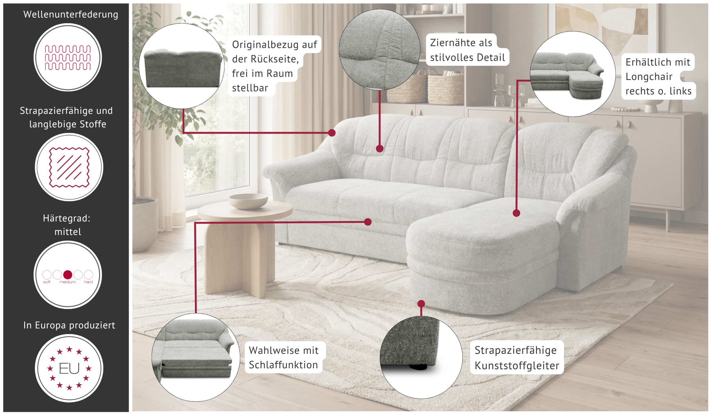 GOODproduct Canapé d'angle »Nyborg 234 x 142 cm, stabil, komfortabel, formschön mit Steppungen« Forme en L, en microfibre douce et facile d'entretien