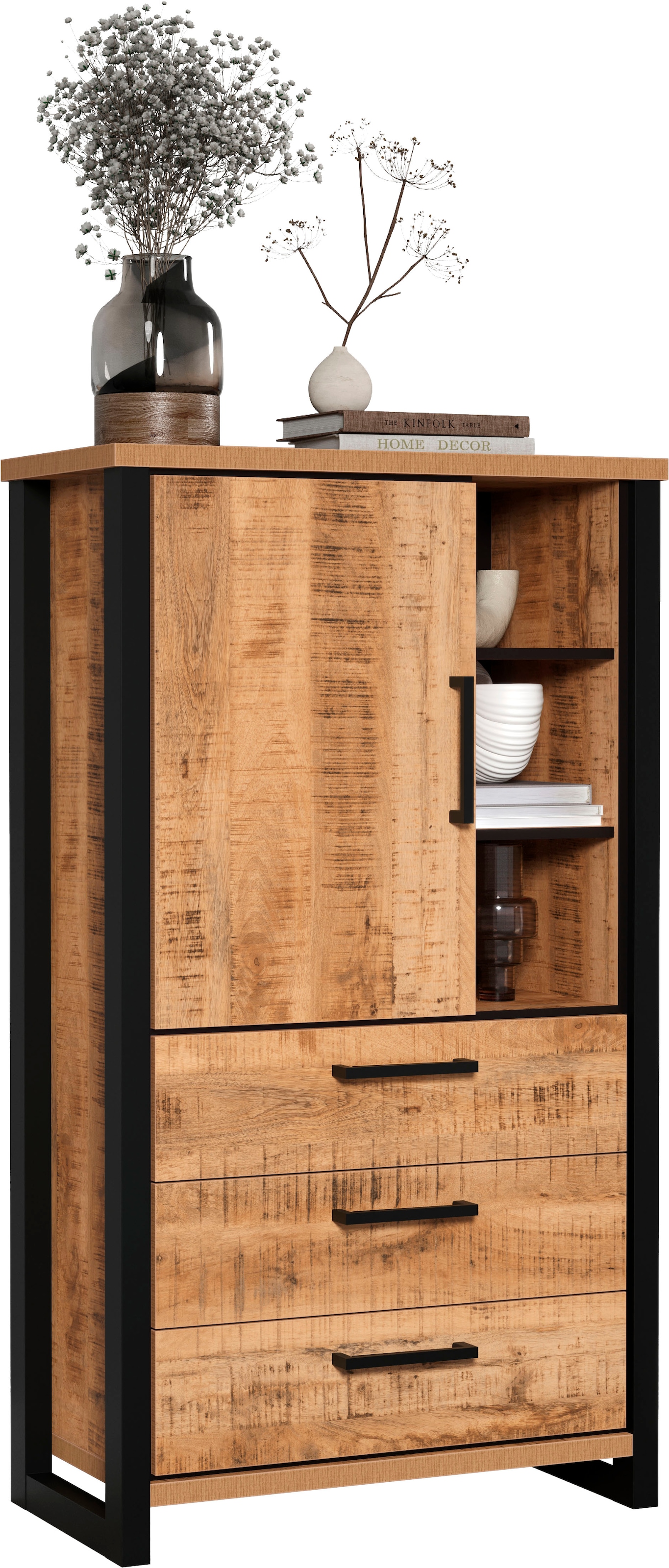 Home affaire Buffet haut »Elda« 1 cuis tlg. Vitrine mit 1 Tür & 3 Schubladen mit Vollauszug – (B/T/H) 87/45/155 cm