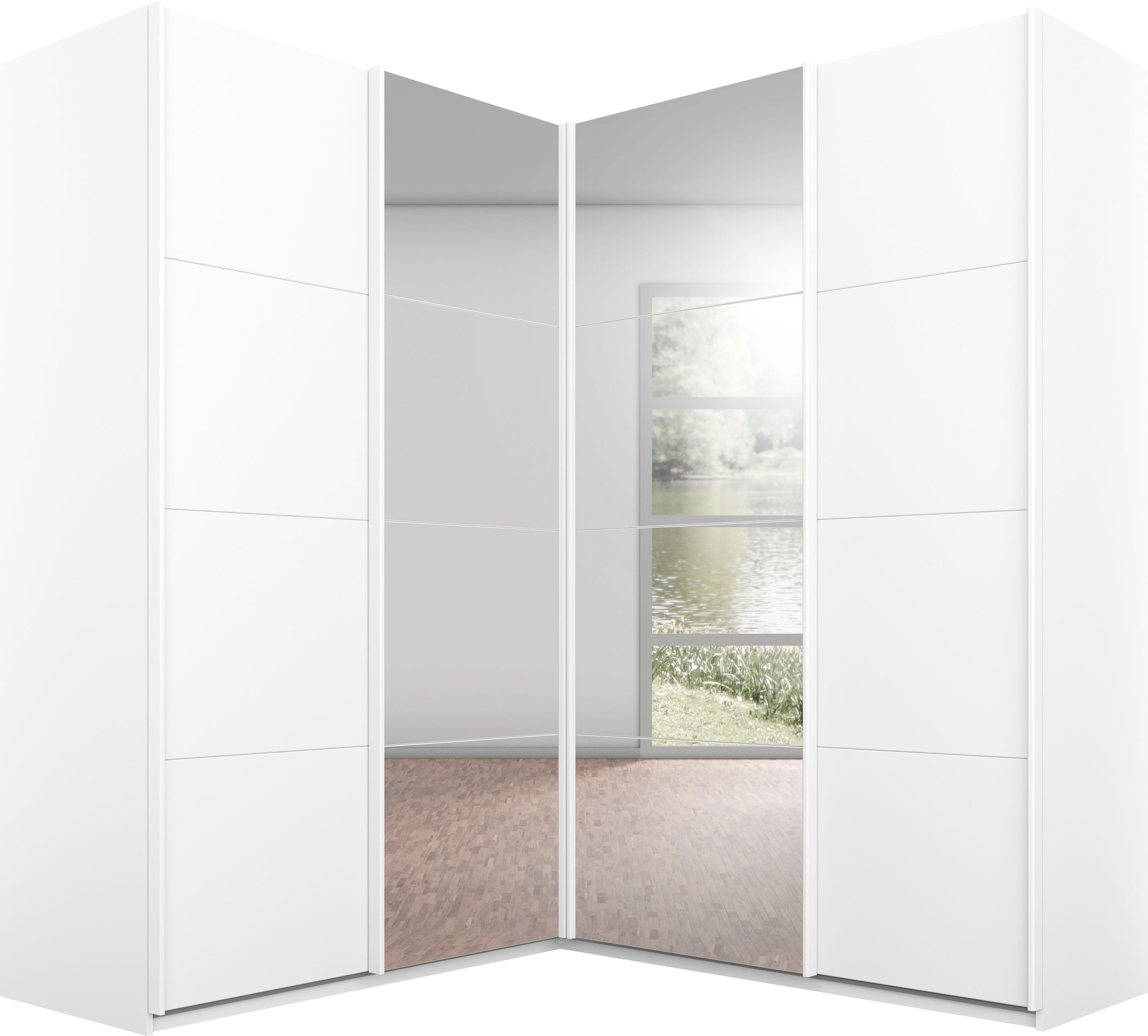 rauch Kleiderschrank »Schwebetürenschrank Schrank Garderobe Eckschrank Ankleide QUADRA« extra grosser Eckschrank in Weiss mit Spiegel MADE IN GERMANY