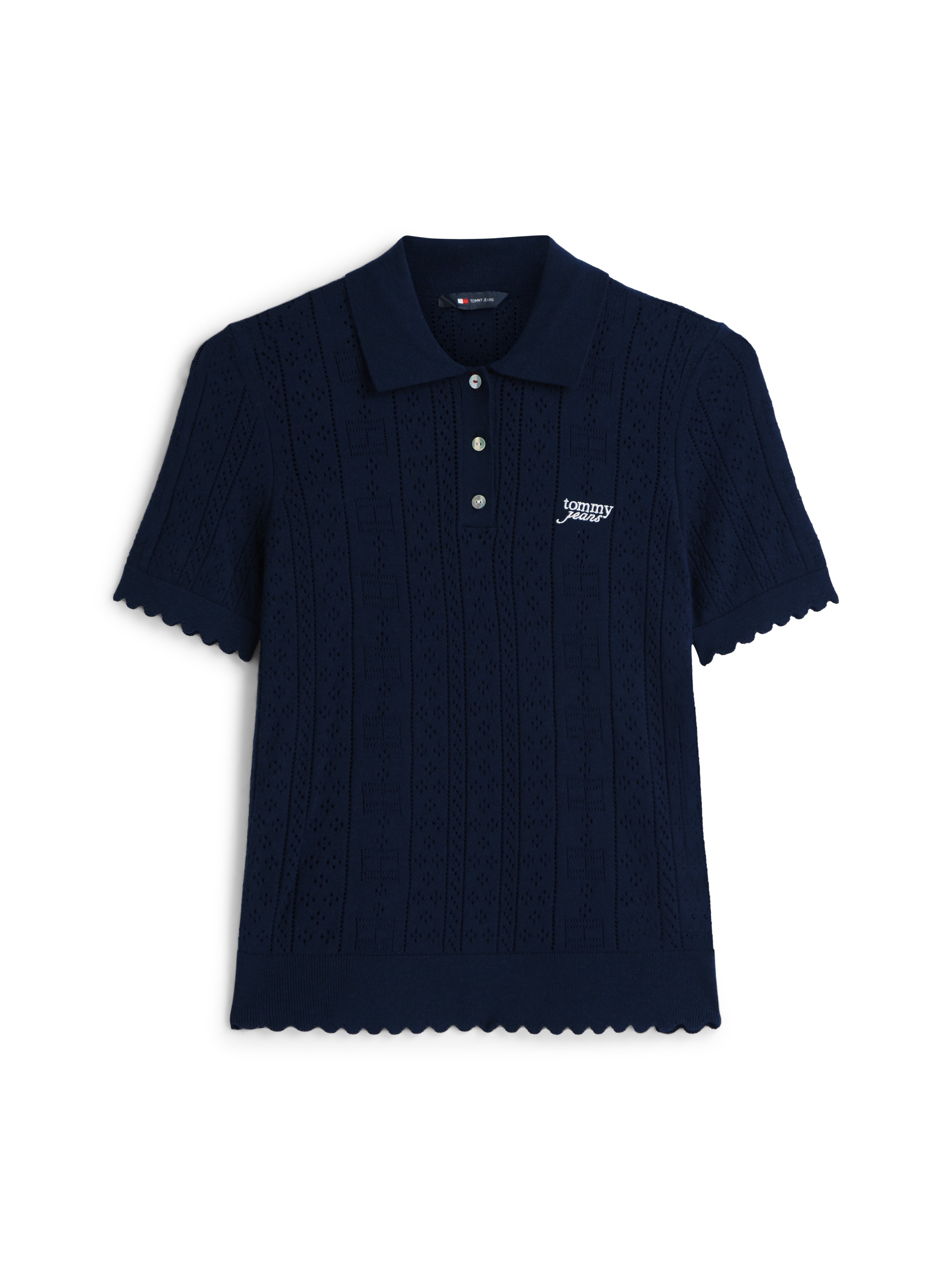 Tommy Jeans Pull à manches courtes »TJW POINTELLE POLO SWEATER« mélange viscose, motif tricot pointelle, ourlets ondulés