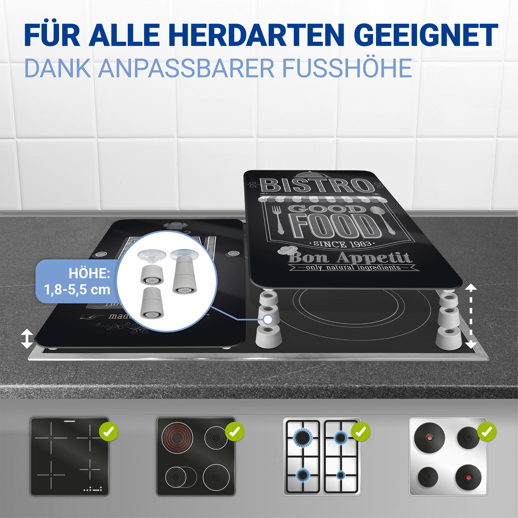 WENKO Herd-Abdeckplatte »Universal Modell Bon Appetit«, (Set, 2 tlg.), Herdabdeckung für alle Herdarten, kratzfest, mit rutschfesten Füssen