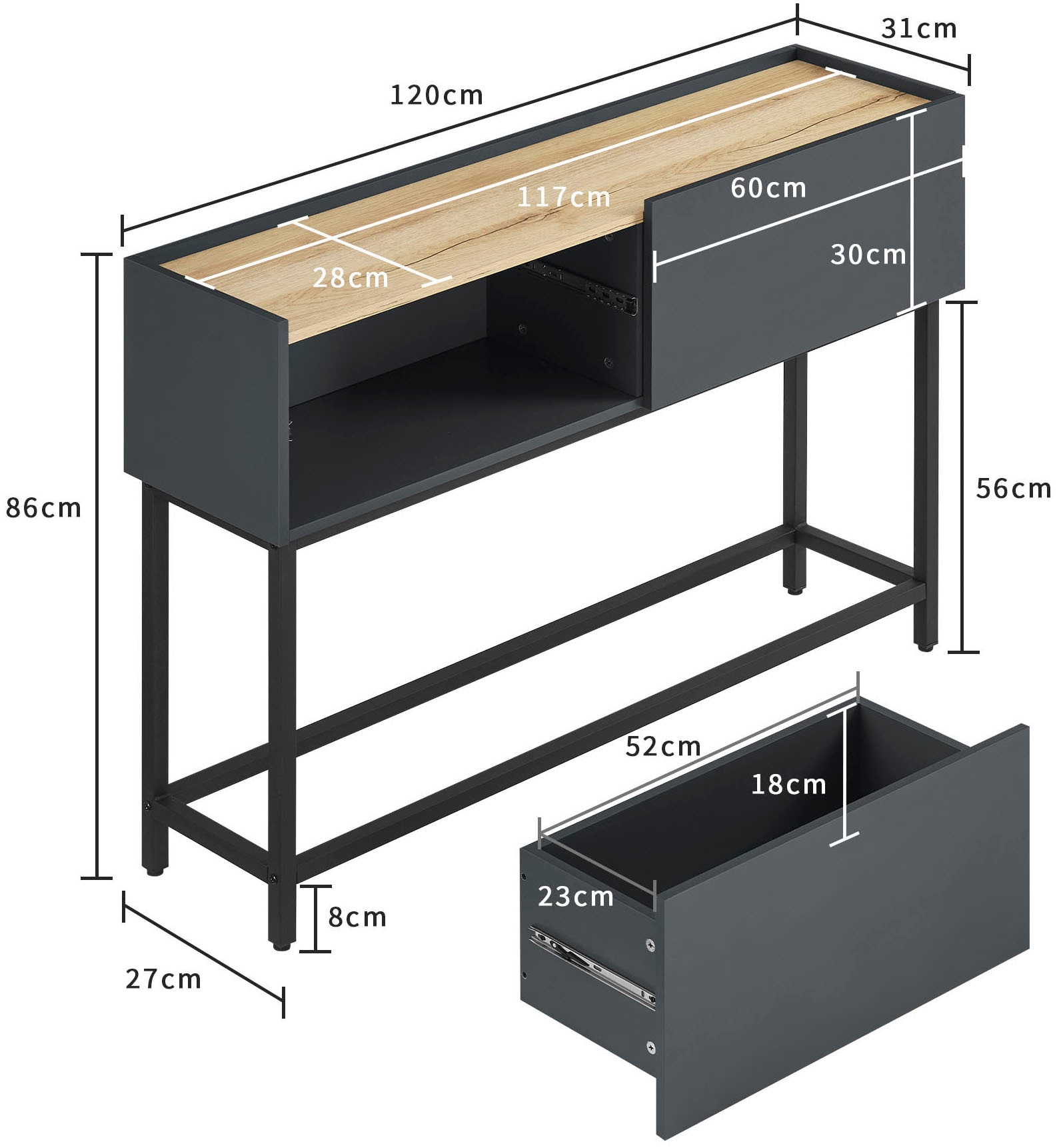 GOODproduct Table console »Azly« pflegeleichte Melaminoberfläche, Metallgestell, Breite 120 cm