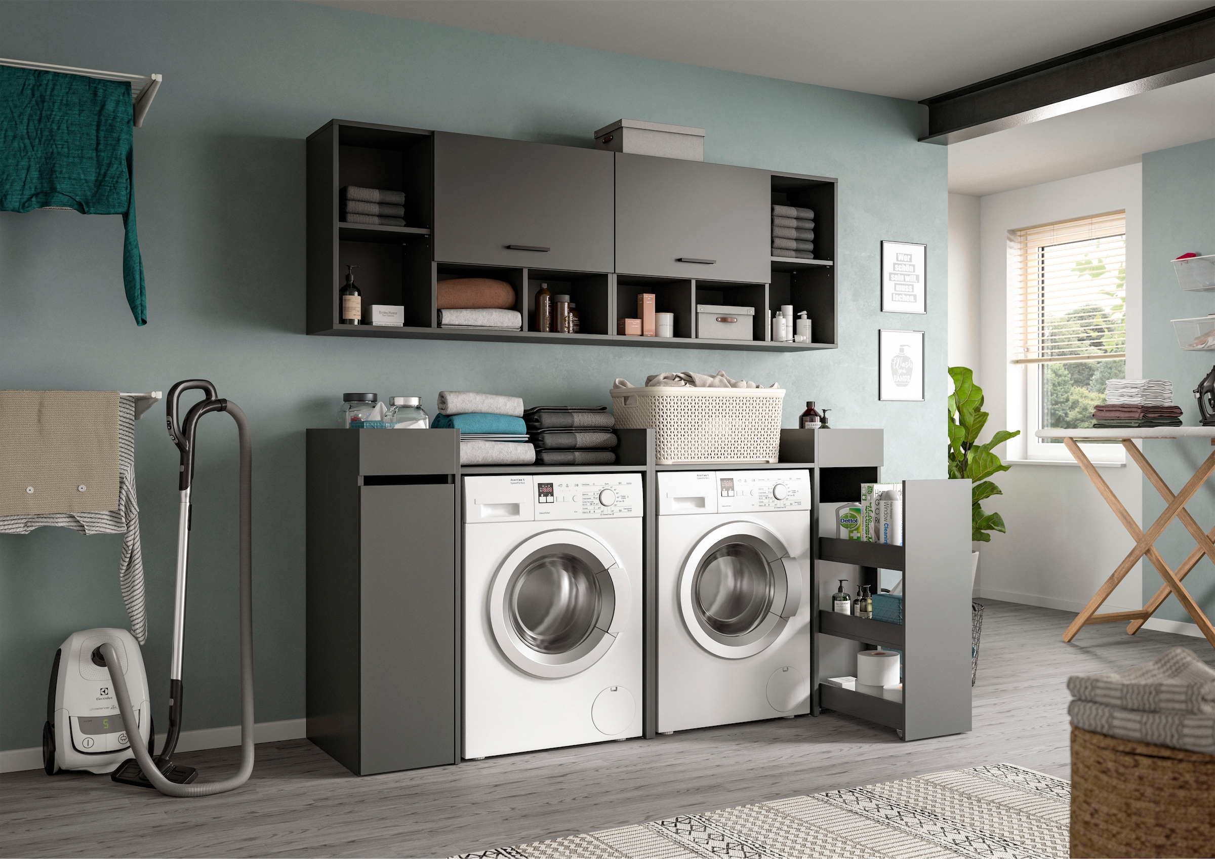 welltime Ensemble de meubles de salle de bain »FALAS, TOPSELLER!, 6-teilig, Hauswirtschaftsraum Set, Breite 190 cm« Set, 2x Waschmaschinenumbauschrank, 2x Standregal & 2x Hängeschrank, 6 cuis tlg.