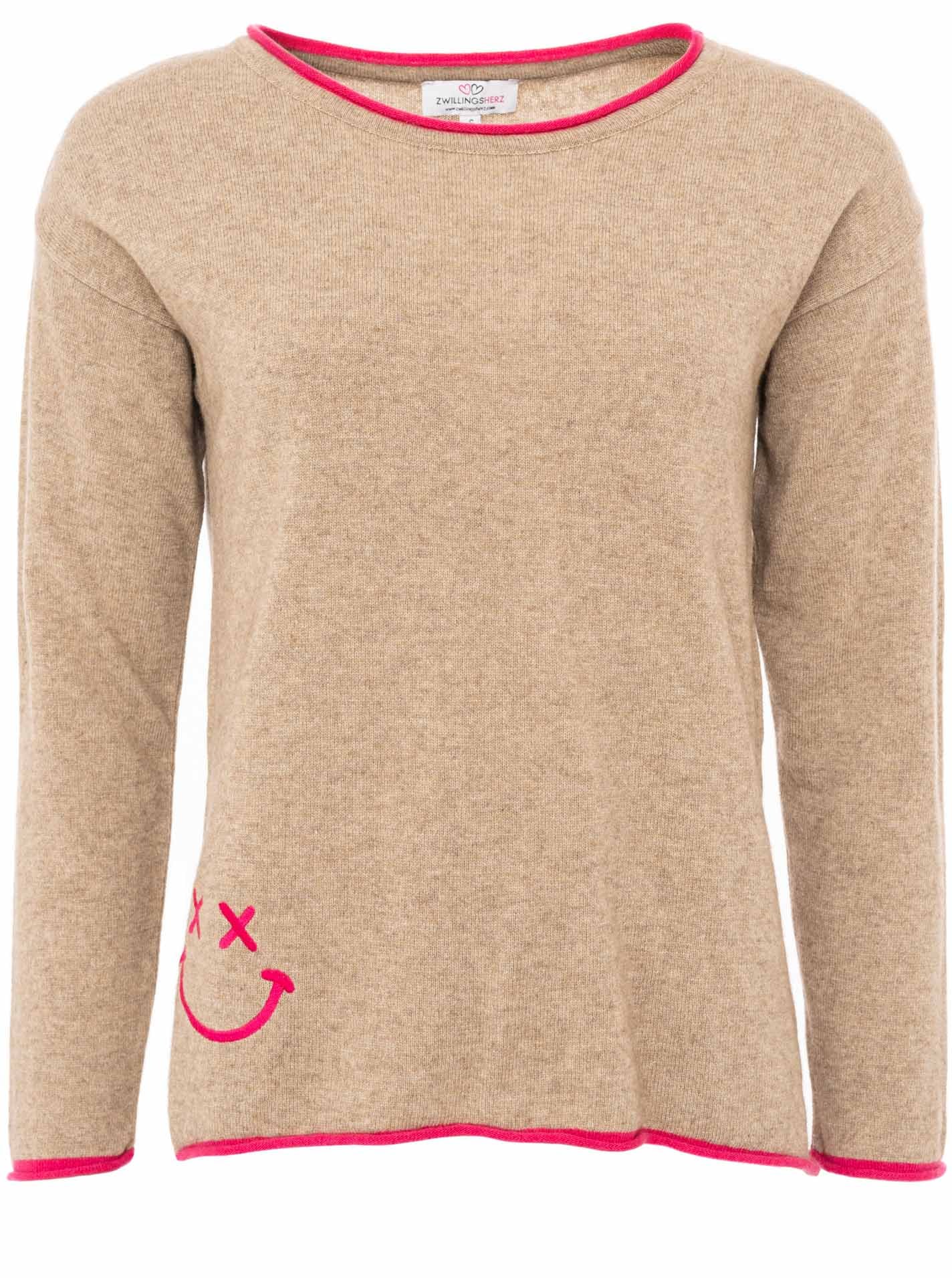 Zwillingsherz Rundhalspullover »"Happy Face"« Stickerei, aufgerollte kontrastfarbige Bündchen