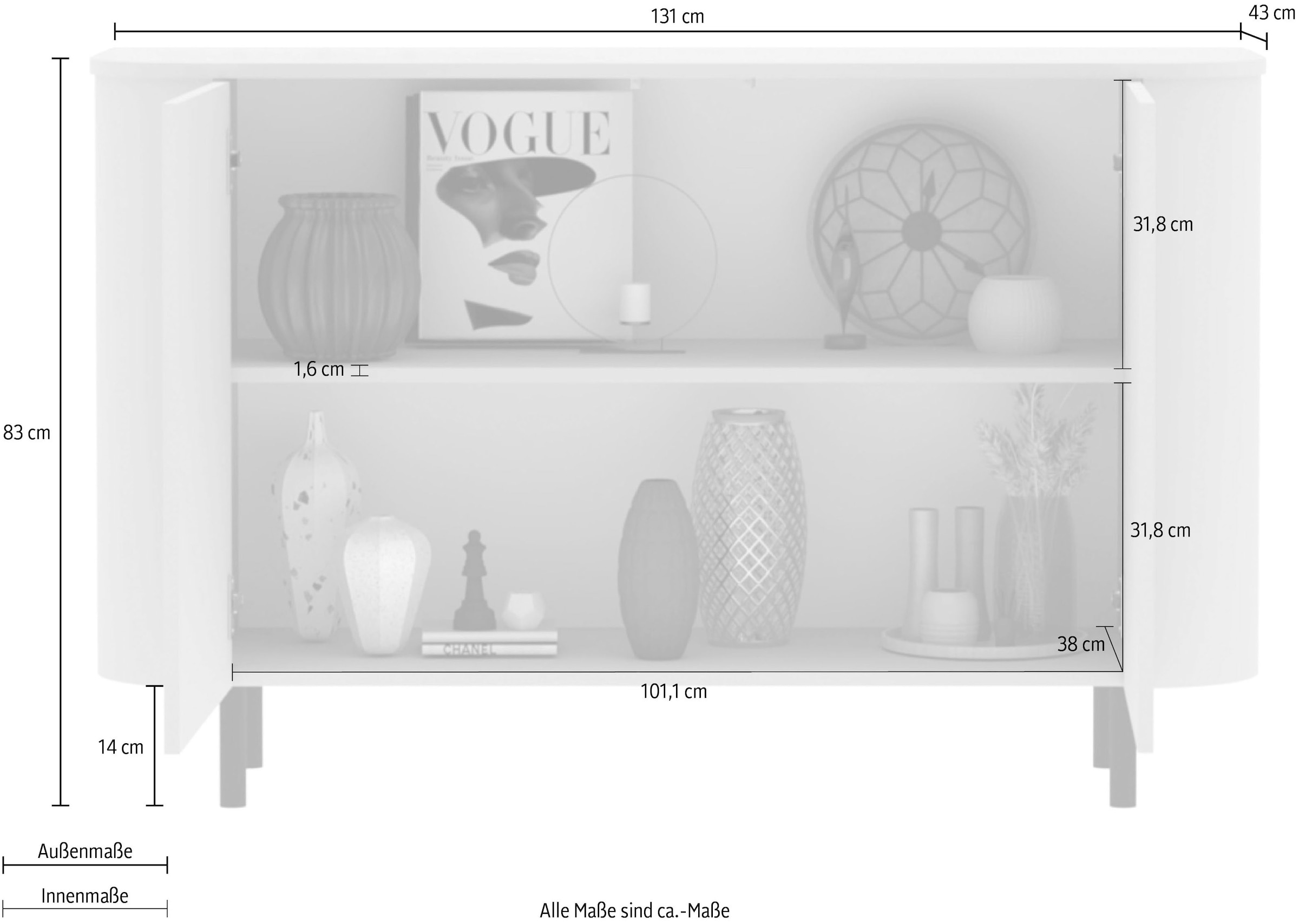 INOSIGN Sideboard »Lido, 131 cm breit, 2 Türen, Anrichte, Kommode, Stauraumschrank« Formgebogenes MDF, Stirnseiten mit Rundung, Push-to-open, Metallfüsse