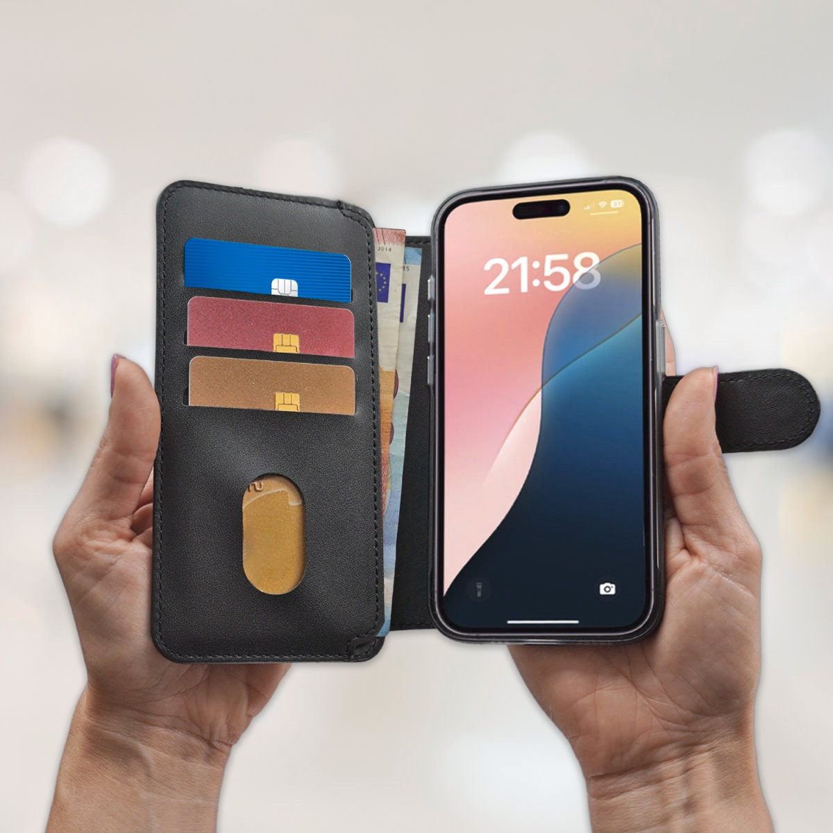 4smarts Flip Case »Universal Magnet Wallet CardCaddy XL« MagSafe UltiMag Portemonnaie, RFID Schutz, iPhone 12, 13, 14, 15 Serie