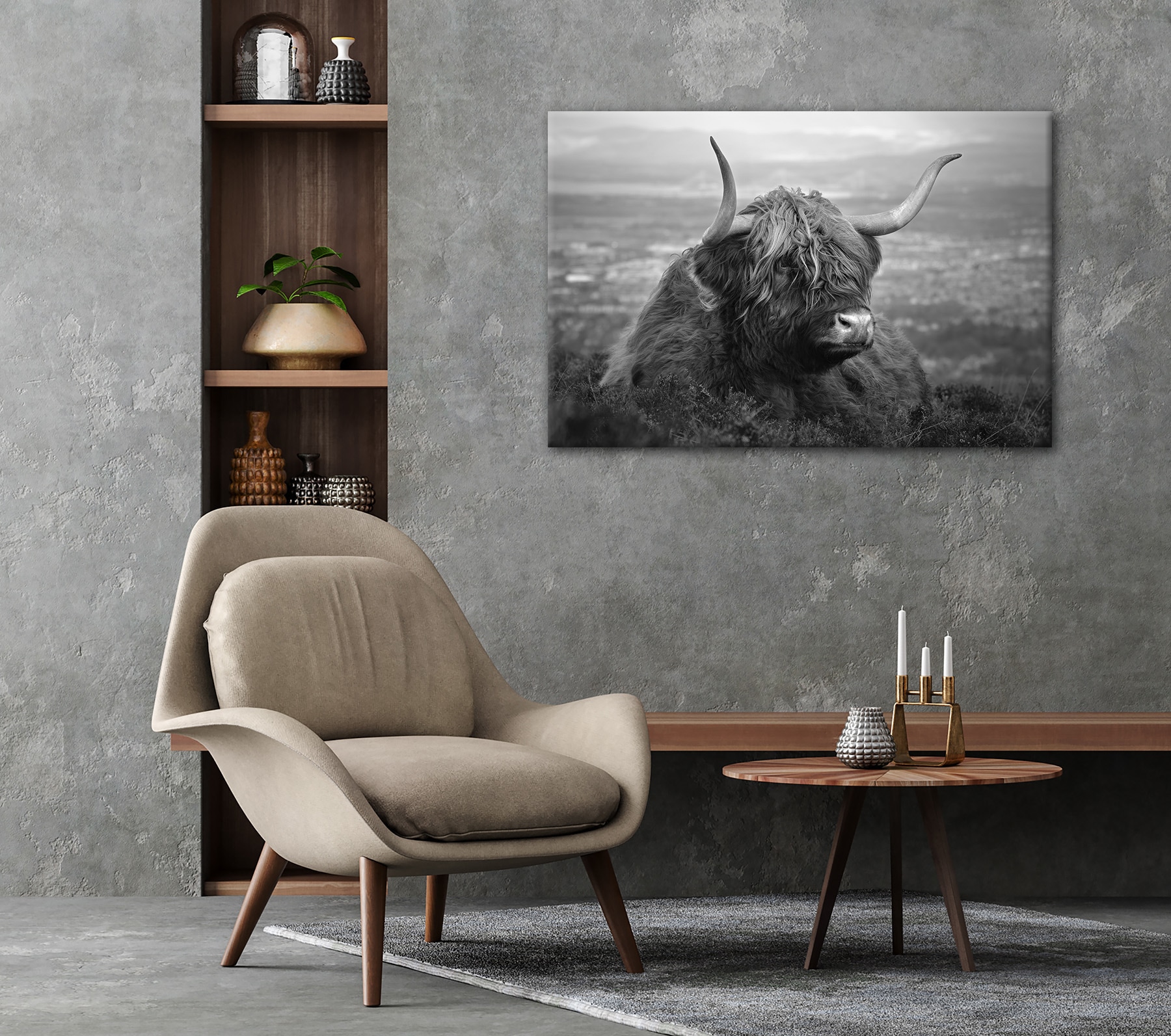Bönninghoff Bild »Wandbild HOCHLANDRIND AM SEE 60x90 cm – Leinwandbild Keilrahmen Deko« Hochlandrind | Kuh | Schwarz-Weiss auf Keilrahmen gespannt