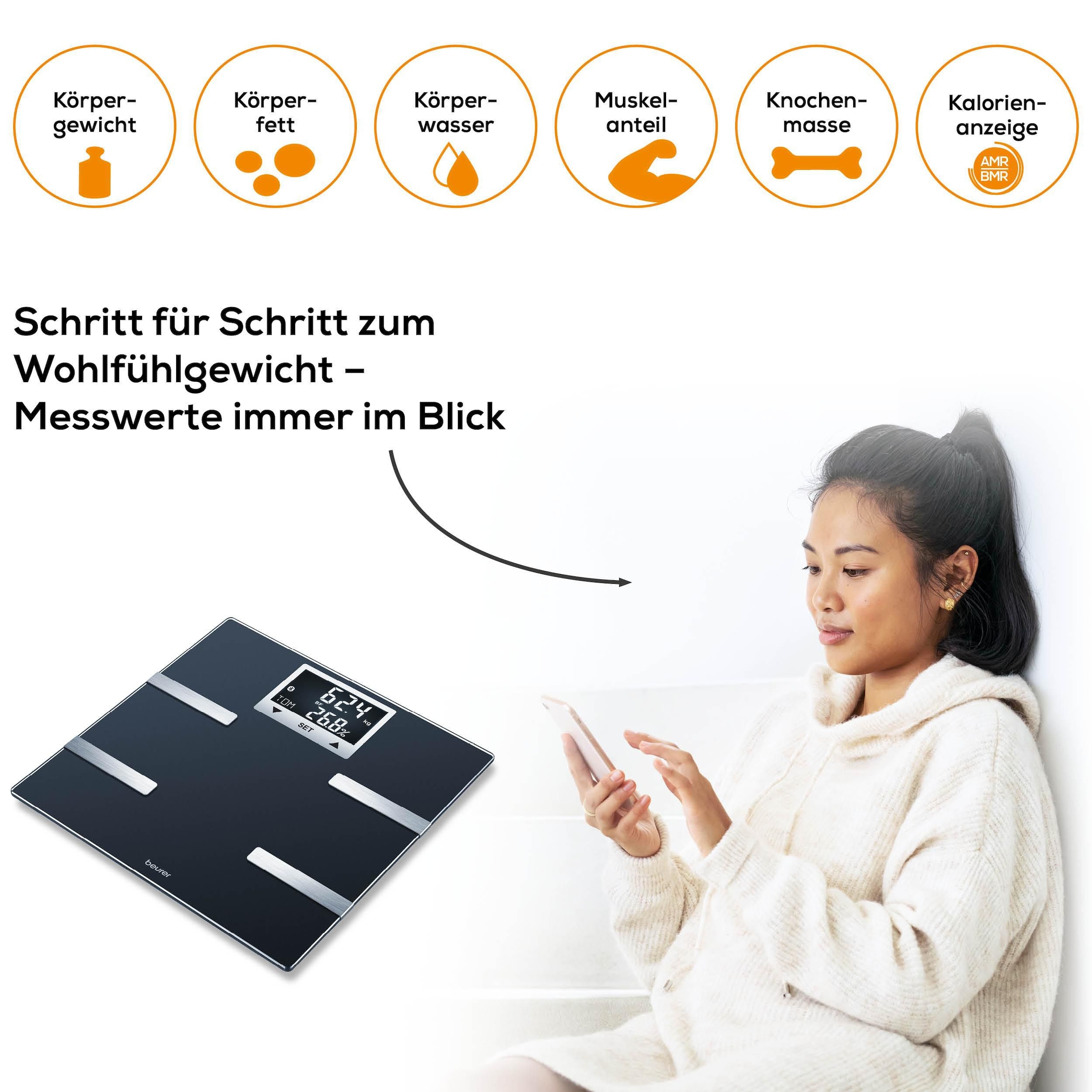 BEURER Pèse-personne d'analyse corporelle »BF 720 Messung von Körperfett, Muskelanteil, Kalorienanzeige usw.« Körperanalyse, mit App zur Übertragung und Tracking der Messwerte