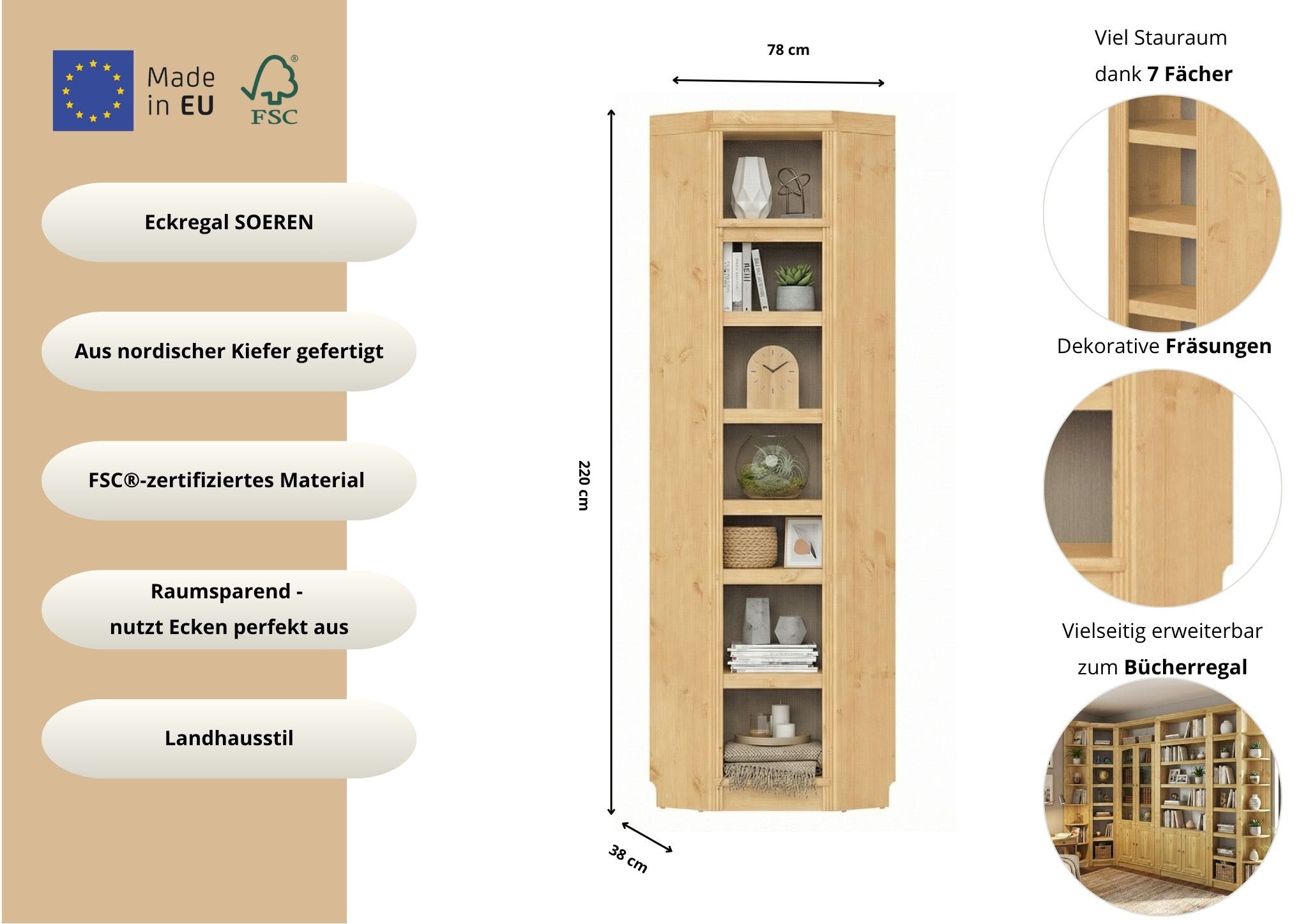 GOODproduct Eckregal »Soeren Regal Höhe 220 cm, massive Kiefer, FSC®-zertifiziert« passend für Regale Soeren mit einer Tiefe von 29 cm