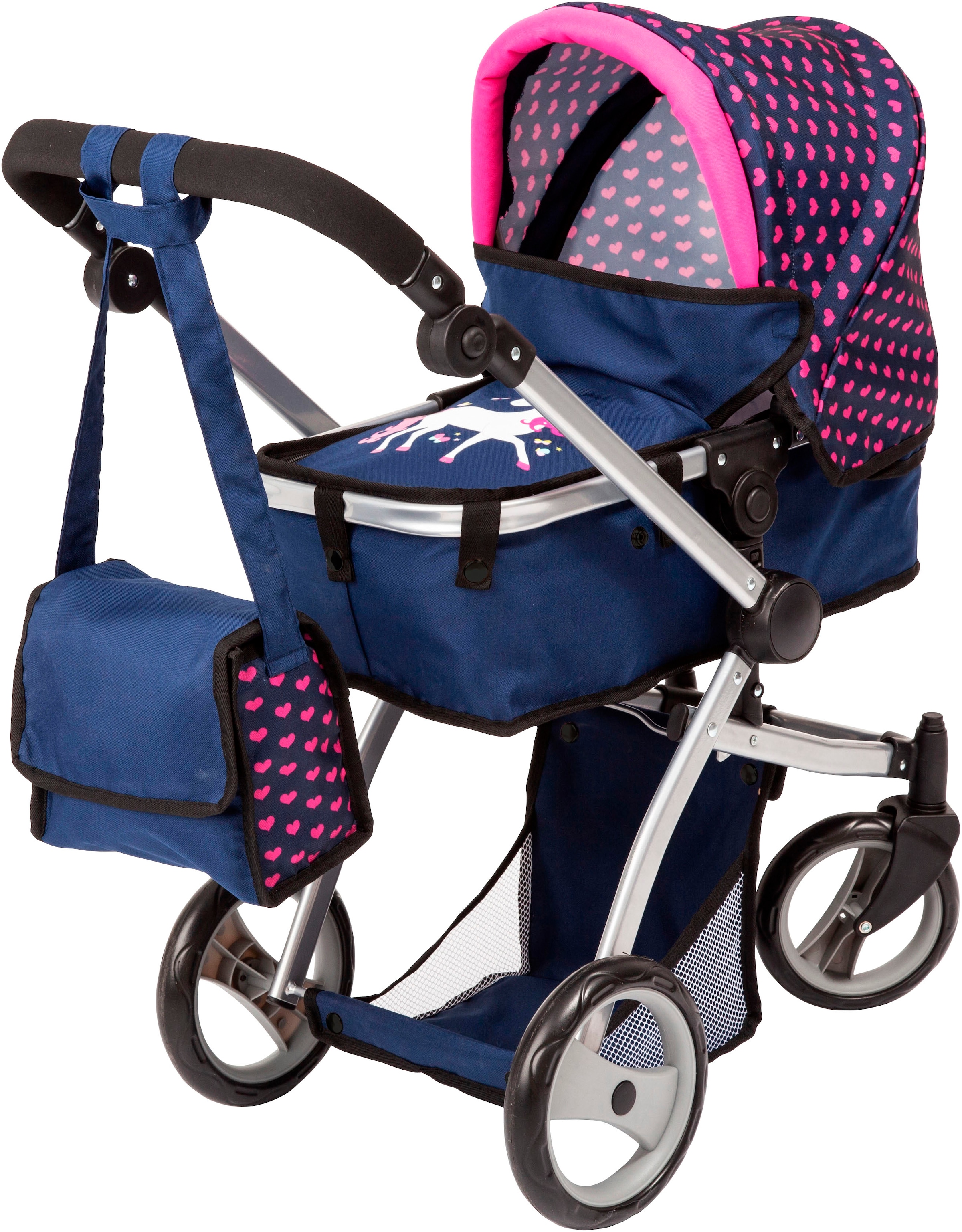 Bayer Puppenwagen »Mega, blau« mit Reisebett, Schlafsack, Puppentrage, Wickeltasche und Zubehör