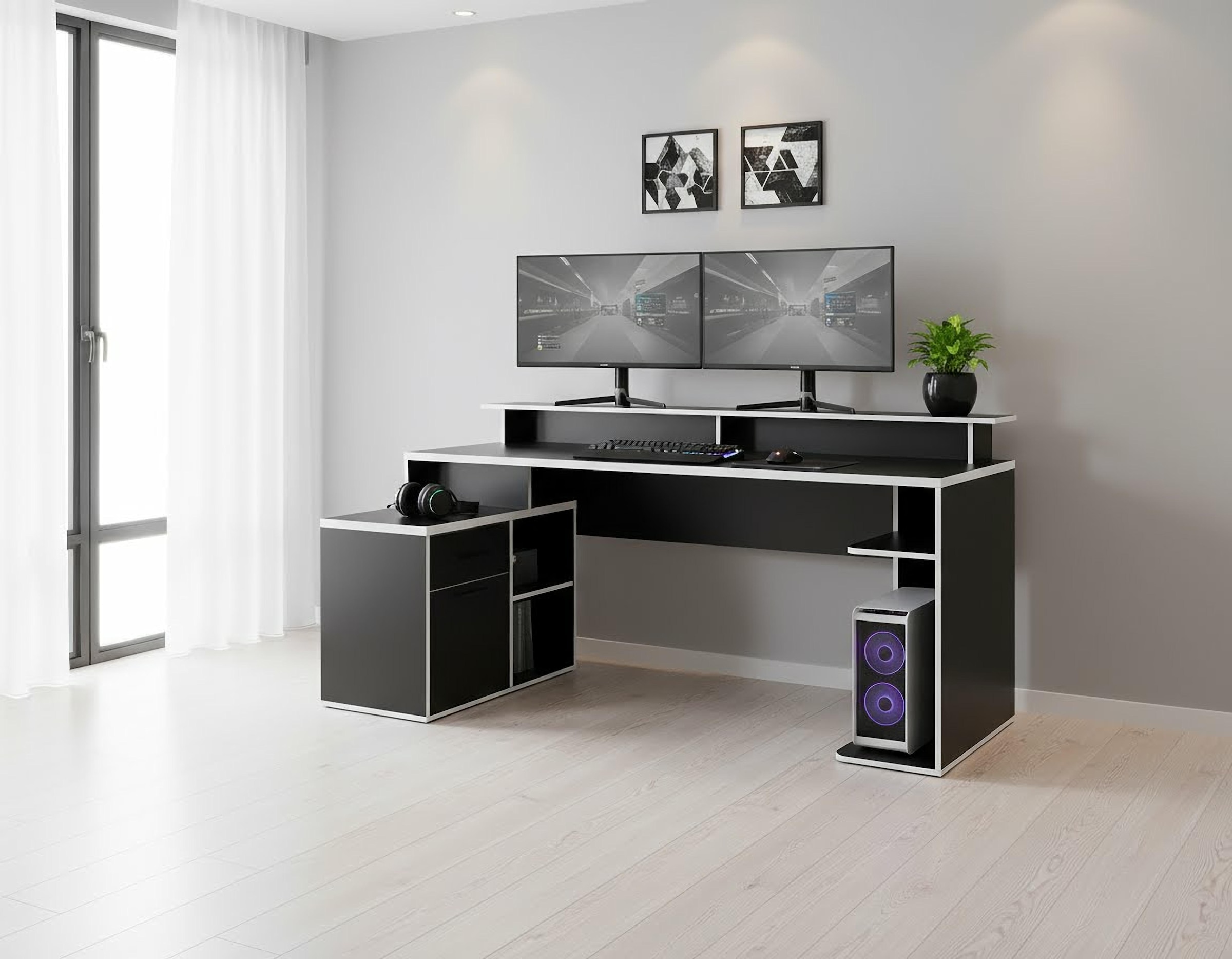 GOODproduct Gamingtisch »Game, Computertisch, Eckschreibtisch« , Towerfach, Kabeldurchlass, Monitoraufsatz, Stauraum, Masse 180x102 cm