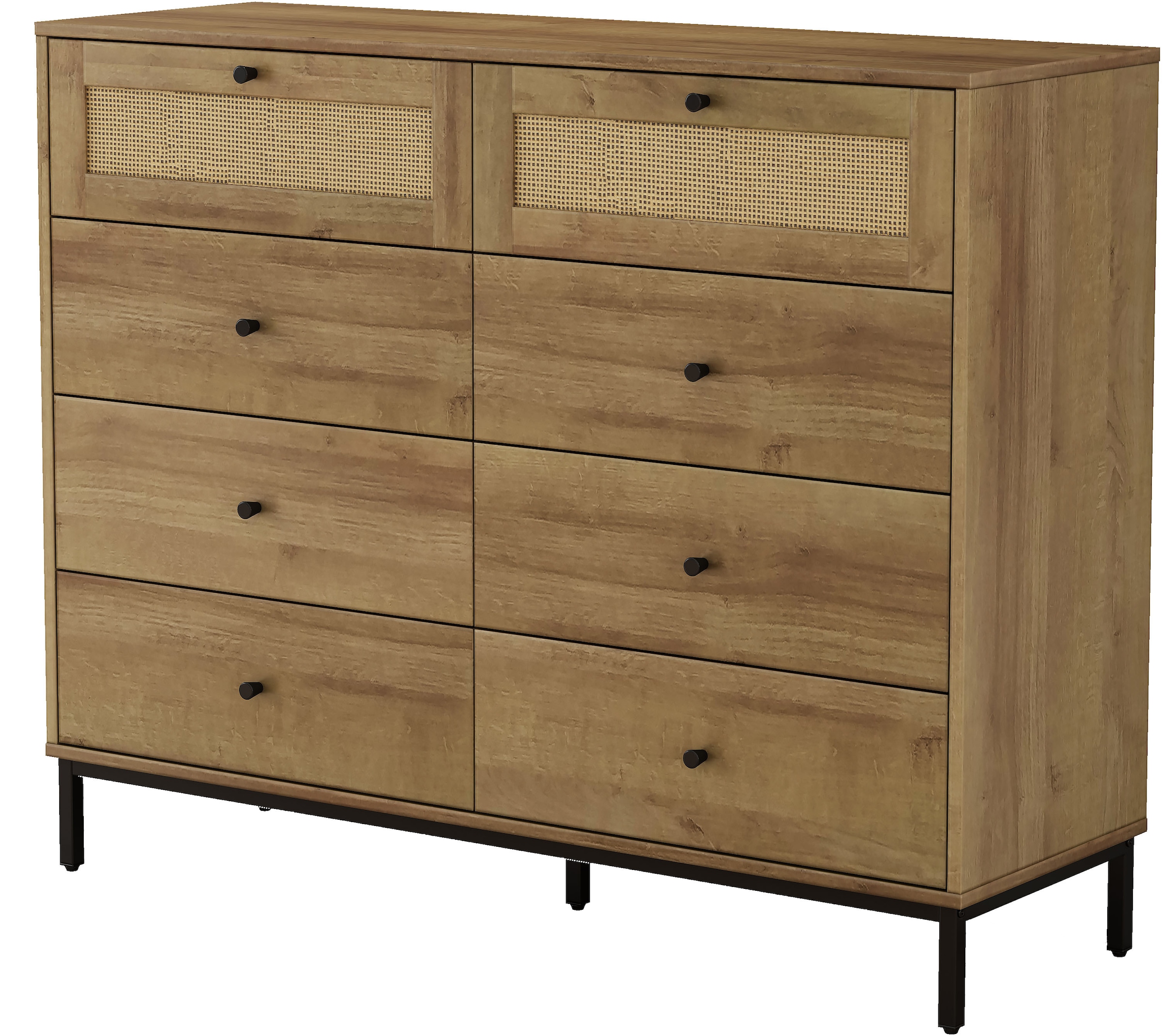 GOODproduct Kombikommode »Motala Wäsche Schrank mit 8 Schubladen Sideboard BOHO Design« Eichen-Design mit schwarzen Griffen und Geflecht Schubladen,  Kommode Schrank Wäscheschrank mit 8 Schubladen