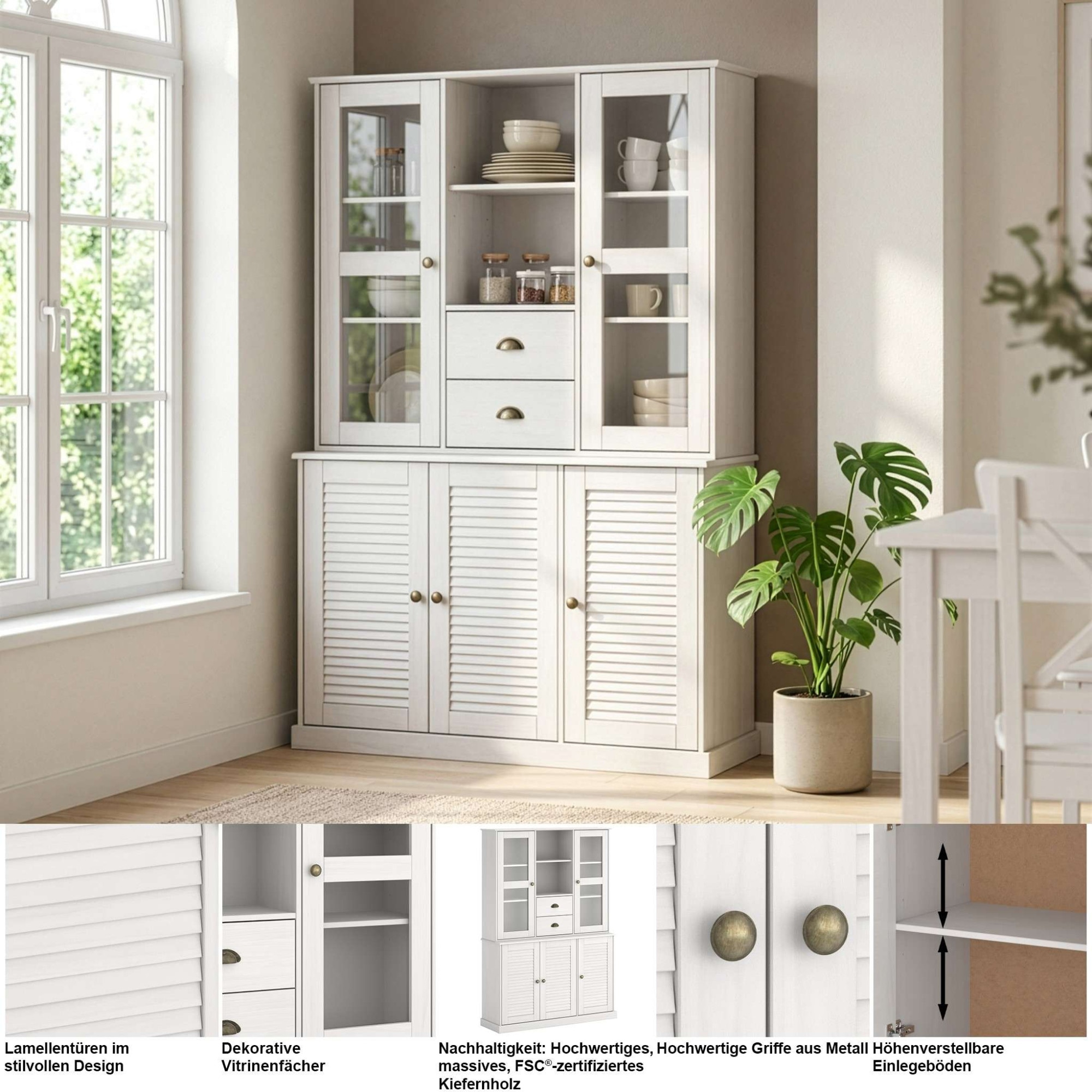 GOODproduct Buffet »Turia« avec portes vitrées et à lamelles, en pin massif FSC®, hauteur 180 cm