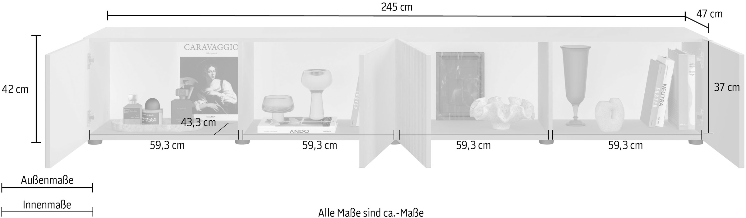 Home affaire Lowboard »Rio, 245 cm breit, 47 cm tief, 4 Türen mit geriffelten MDF Fronten« Modernes Lowboard für bis zu 98-Zoll-TV – perfekt für die WM