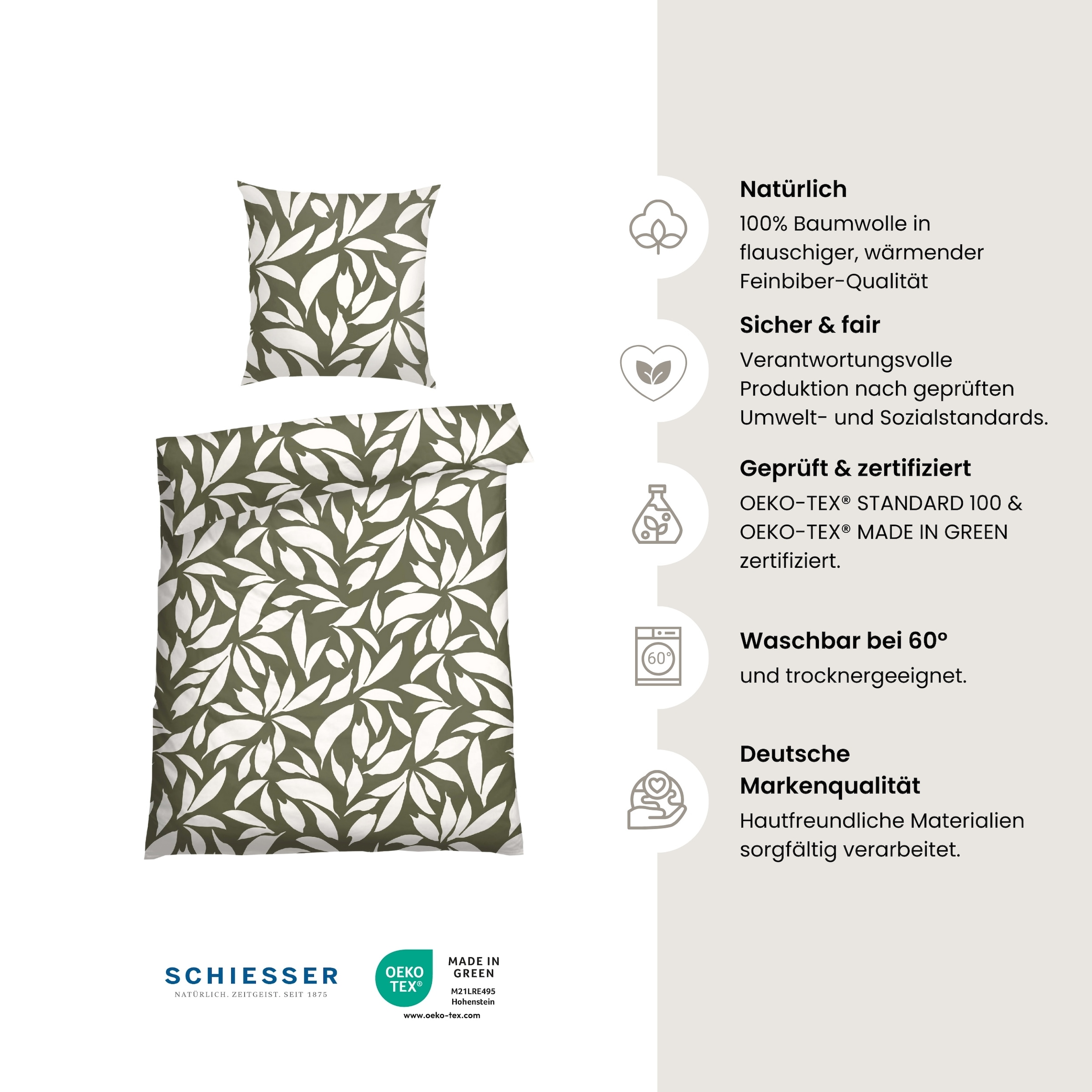 Schiesser Linge de lit »Leaf aus weichem Baumwollflanell mit floralem Muster« 2 cuis Made in Green