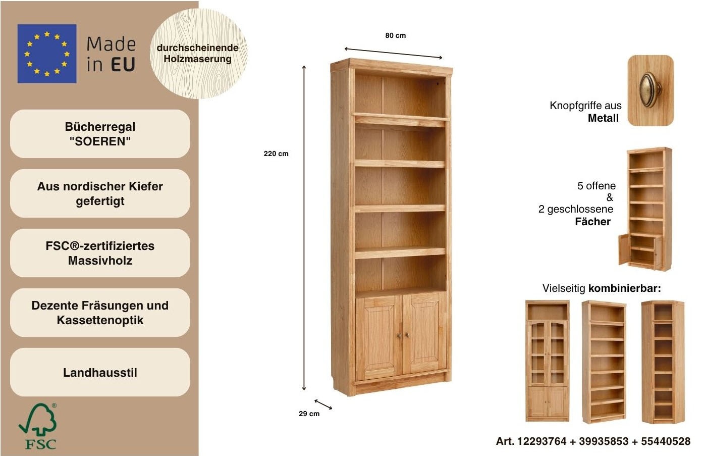 Home affaire Étagère à livres »Soeren« aus massiver Kiefer, Höhe 220 cm, mit 2 Holztüren, viel Stauraum