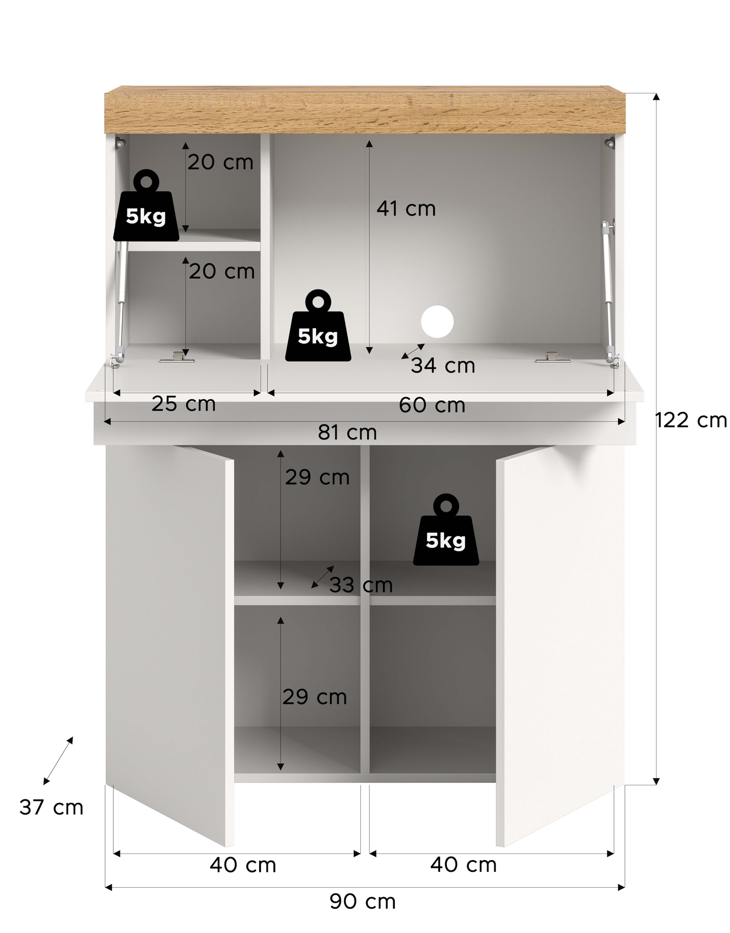 GOODproduct Secrétaire »MAMBO, Höhe 122cm, Home-Office-Schreibtisch, PC-Schrank« 2 Türen, 1Klappe, 7 Fächer, 1 Schubkasten, 3 höhenverstellbare Böden,  Multifunktional mit viel Stauraum, klappbare Tischfläche
