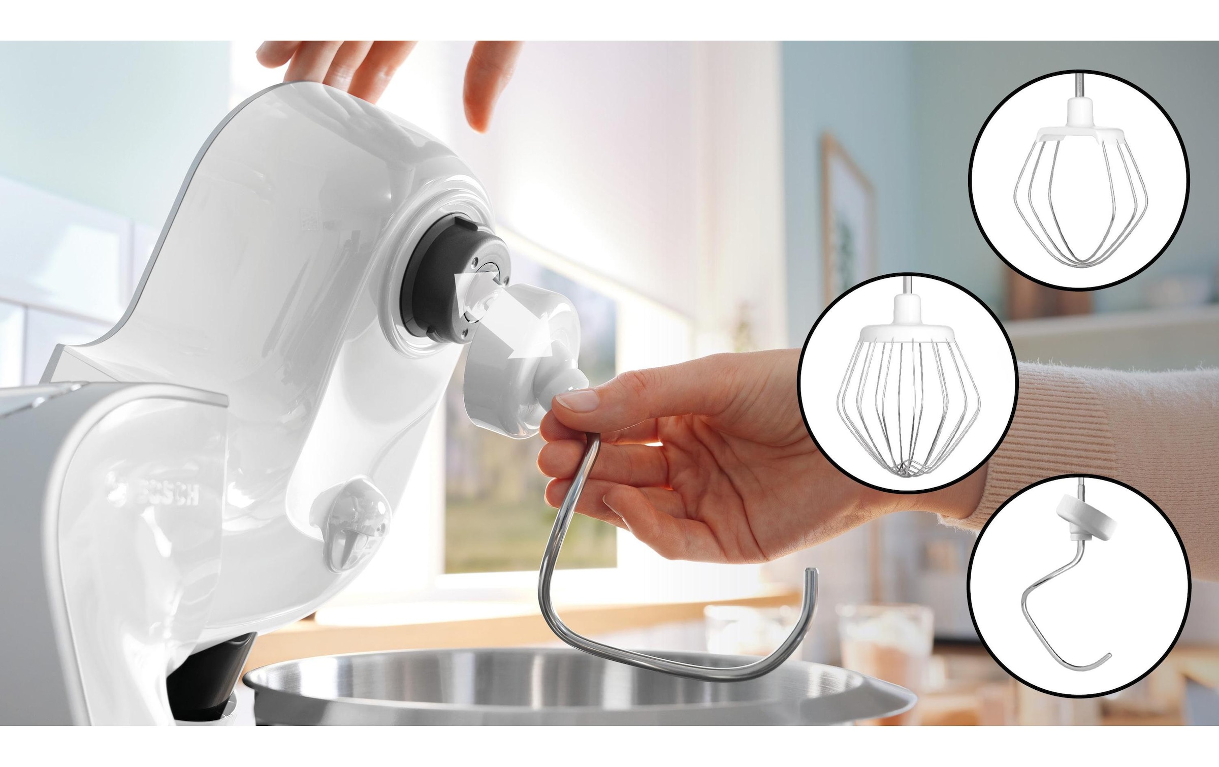 BOSCH Robot de cuisine »Serie 4 MUM58L20, Durchlaufschnitzler, Mixer, grau« 3 Scheiben, Schüssel, Knethaken/Rühr-/Silikonbesen, spülmaschinenfest