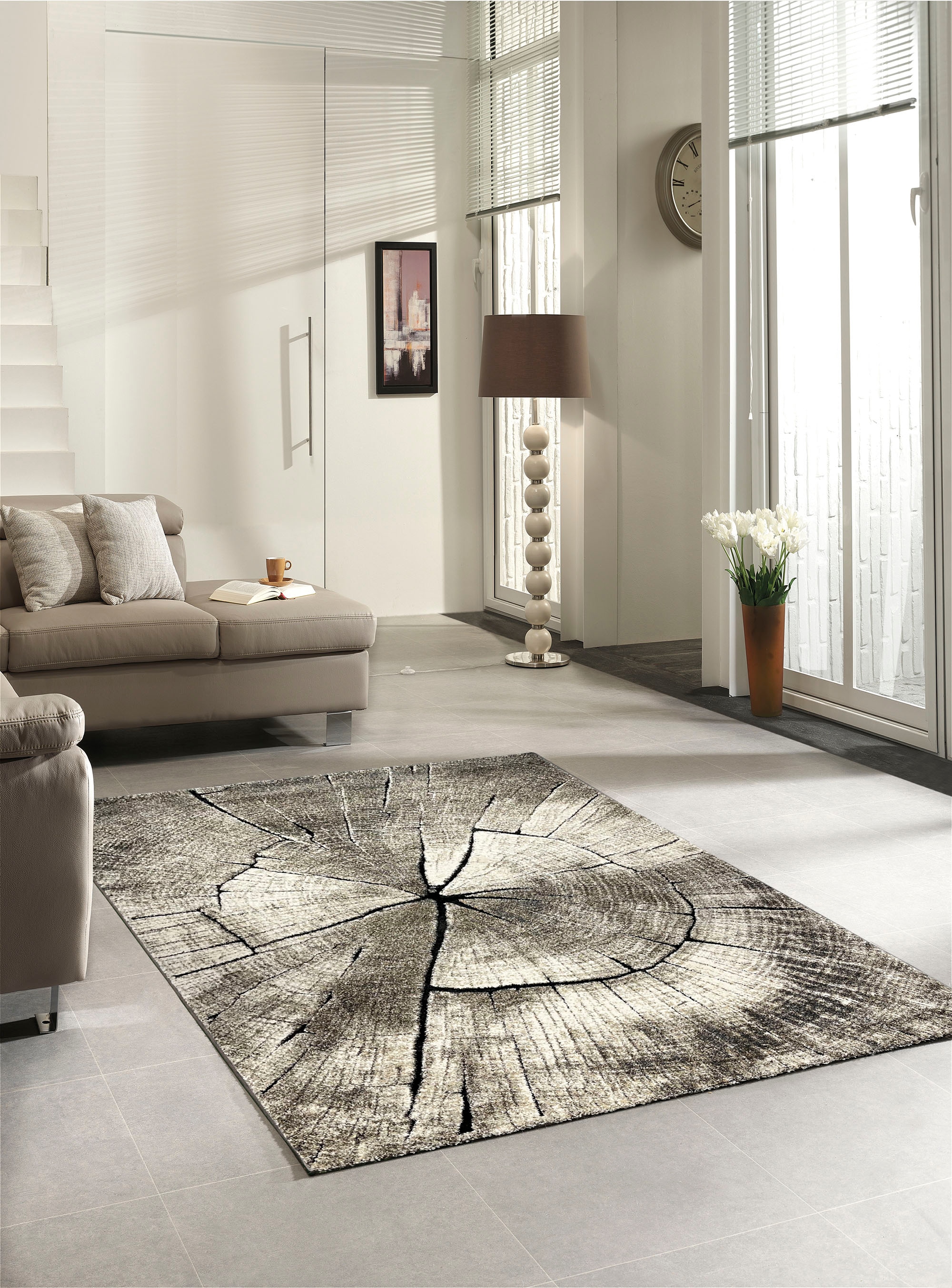 Image of merinos Teppich "Ibiza 605" rechteckig 13 mm Höhe Wohnzimmer, Baumstamm Motiv, Holz Optik