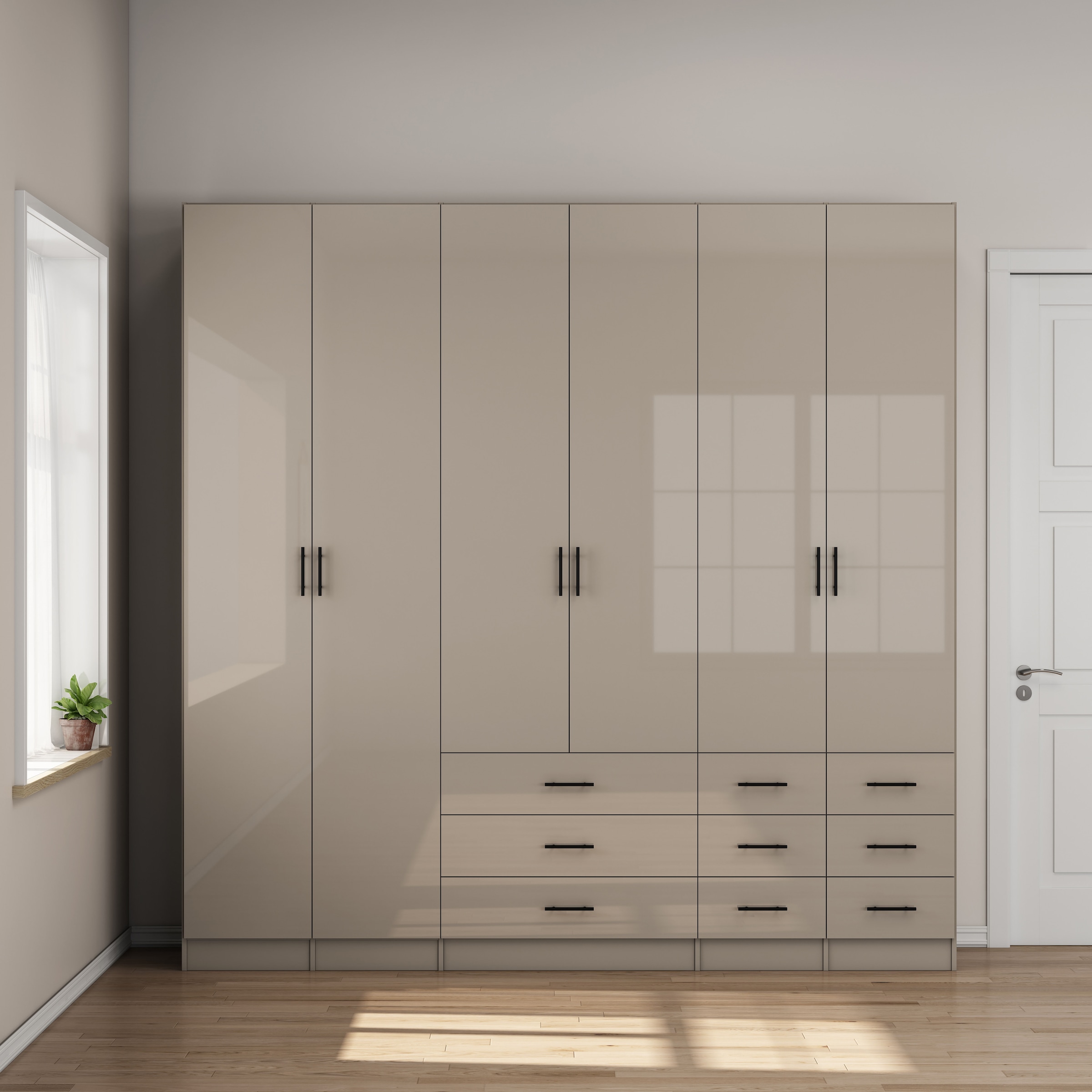 GOODproduct Armoires à vêtements »Trento Schlafzimmerschrank Garderobe hochglanz« in 2 unterschiedlichen Schrankhöhen wählbar,  Schrank mit 6 Türen und 9 Schubladen, Hochglanz-Fronten, 2,39m Höhe
