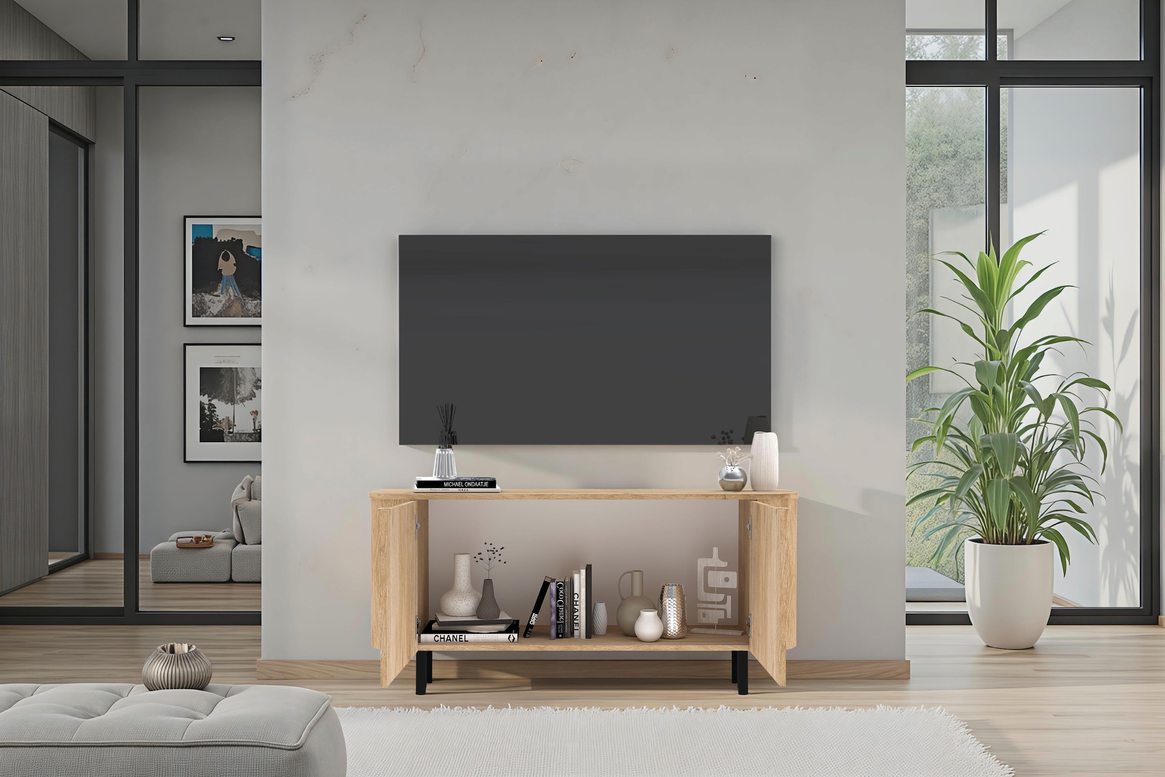 Home affaire Lowboard »Murano, 131 cm breit, 2 Türen, TV-Schrank, TV-Kommode, Medienboard« Formgebogenes MDF, Stirnseiten mit Rundung, Füsse und Griffe aus Metall