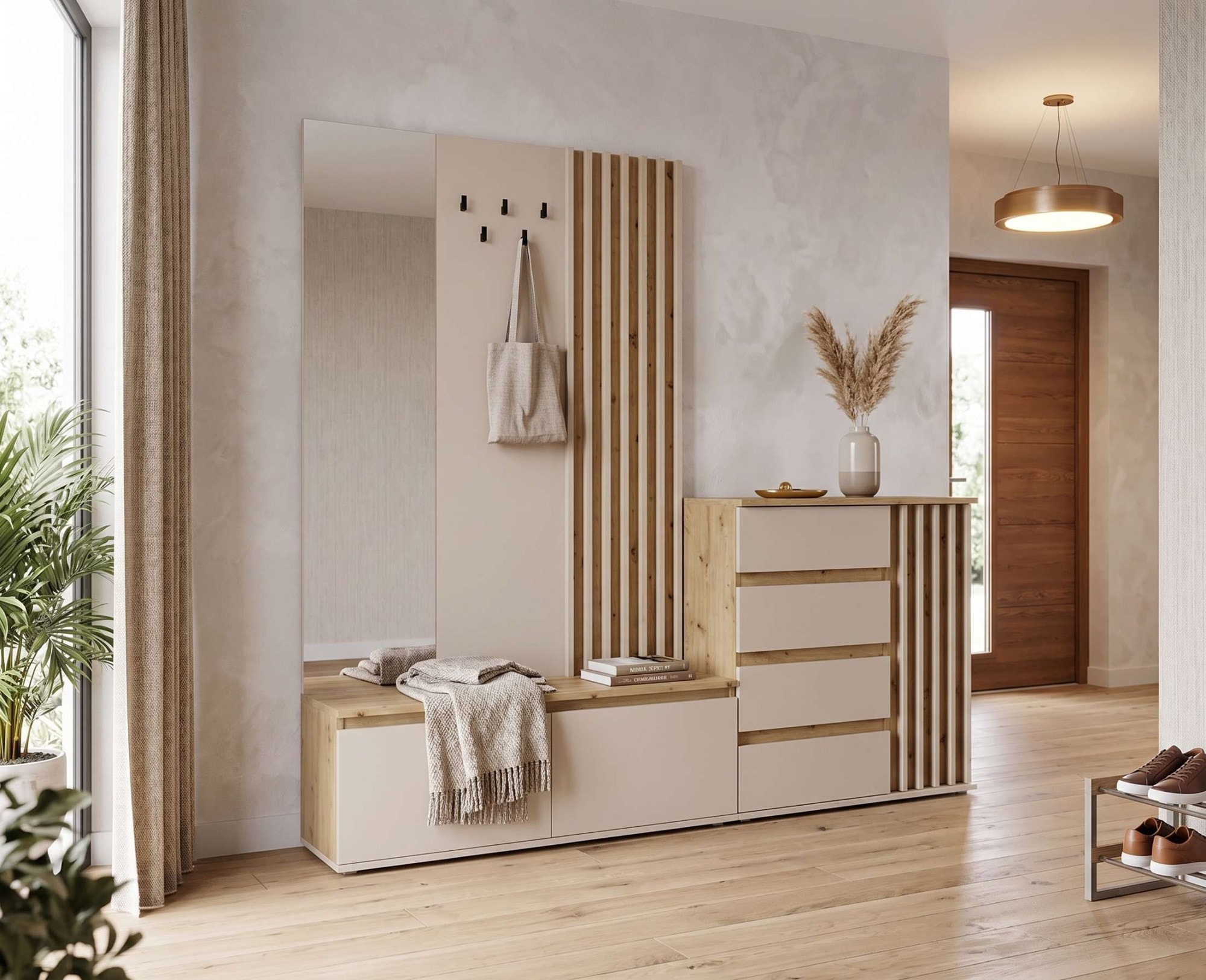 Home affaire Garderobenpaneel »LANDUVA Garderobe mit Schuhschrank, Spiegel und Haken, Breite 120 cm« Garderoben-Set, Kompaktgarderobe, mit Sitzbank, Lamellen Design
