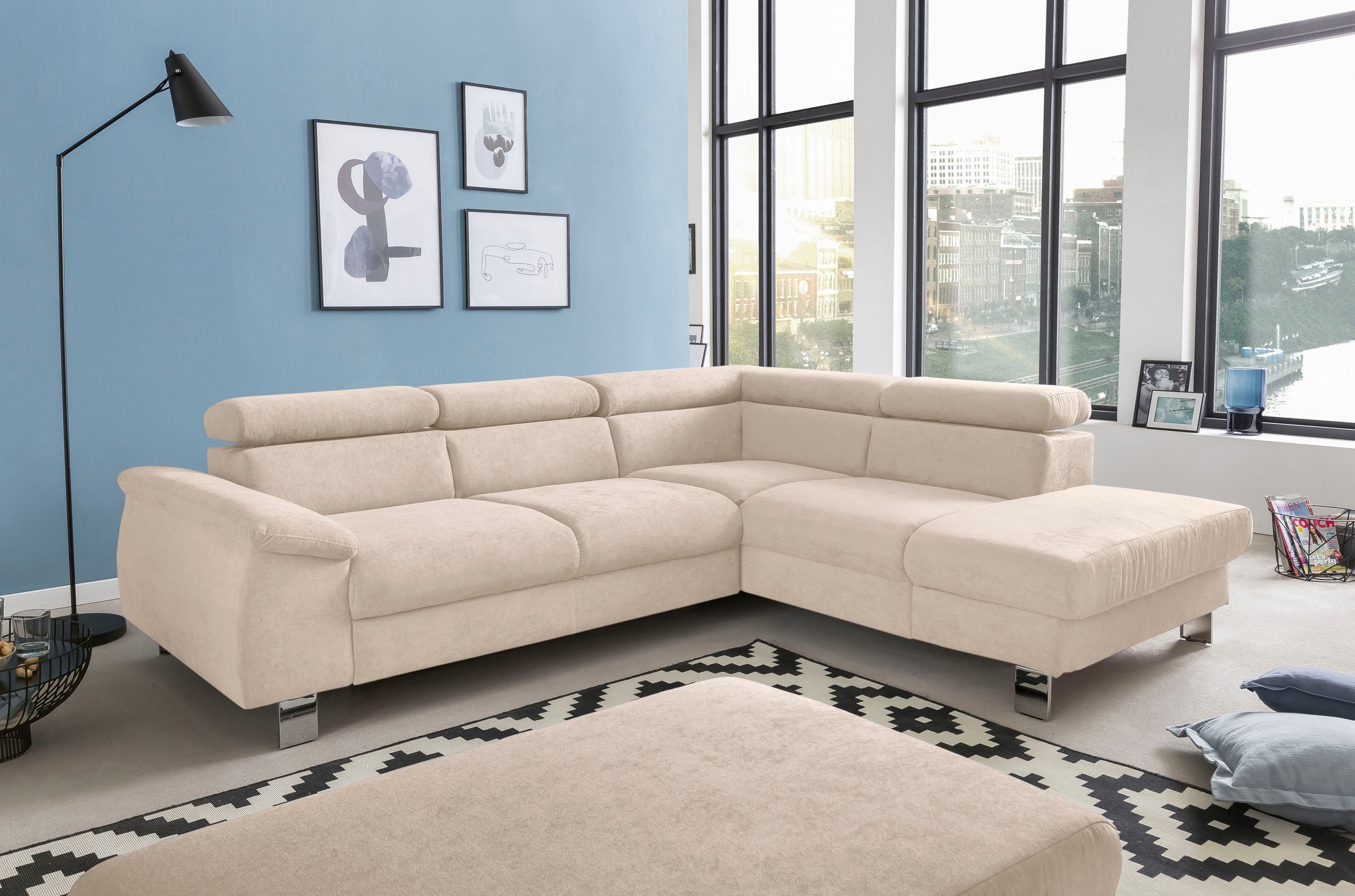 COTTA Canapé d'angle »Komaris L-Form, B: 249 cm« avec réglage de la tête, fonction couchage optionnelle, coffre-lit & lumière