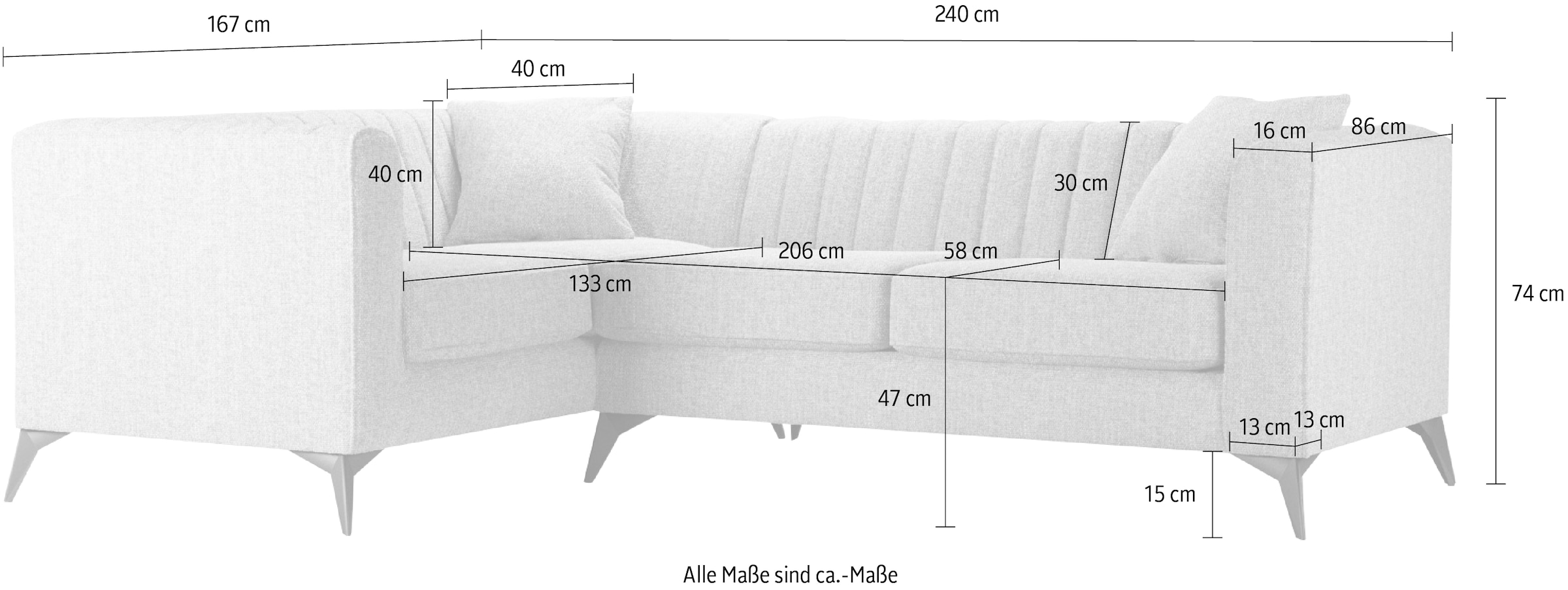 Places of Style Ecksofa »MATTHEW L-Form ideal für kleine Räume, Masse B/T/H: 240/167/74 cm«, elegantes Designsofa, Steppung im Rücken, incl. Zierkissen