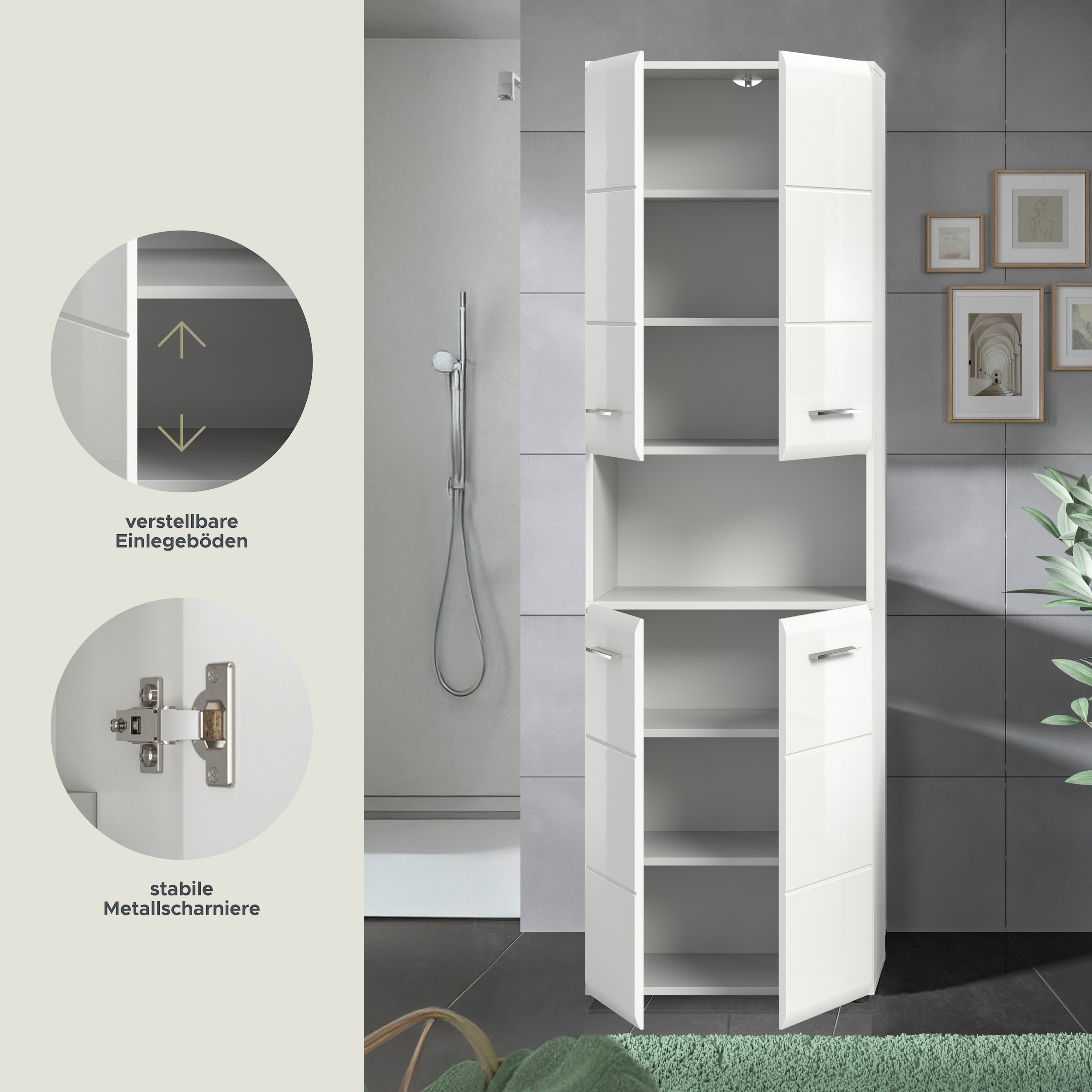 INOSIGN Stauraumschrank »FLORENZ, TOPSELLER!, Höhe 185 cm, 4 Türen, 4 Fachböden, 1 offenes Fach«, (1 St.), hochwertige MDF Front, Griff chromglänzend, Badschrank, Bad