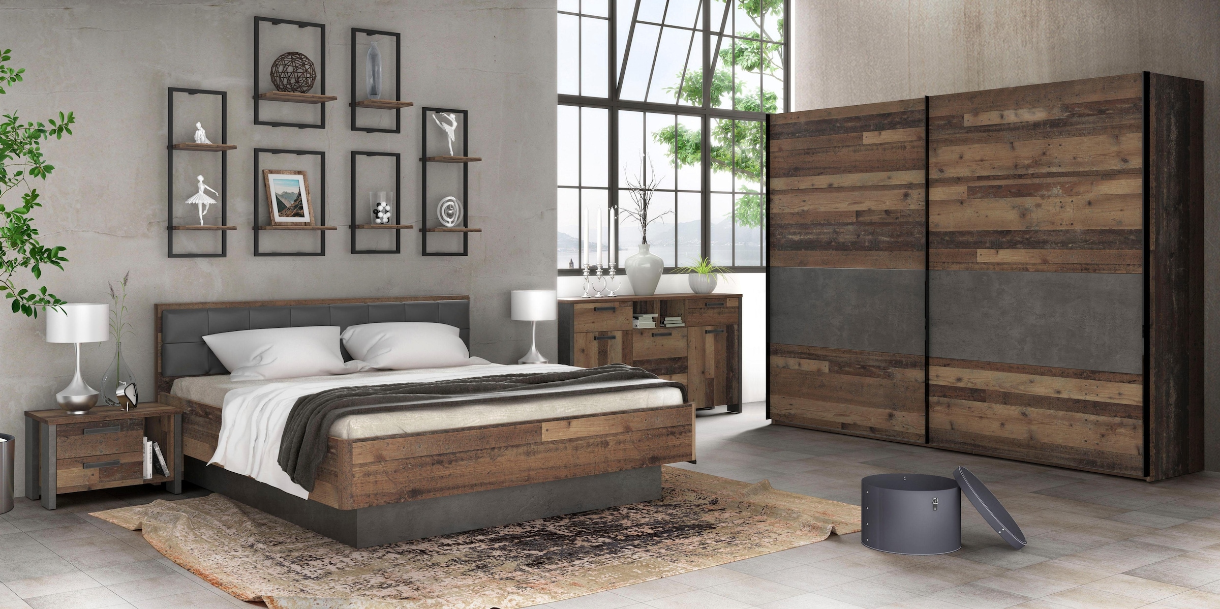 FORTE Futonbett »Clif, Bettanlage, Old – Wood Vintage, Betonoptik Dunkelgrau« Liegefläche 180x200cm,  mit gepolstertem Kopfteil aus Kunstleder, bis 220KG belastbar