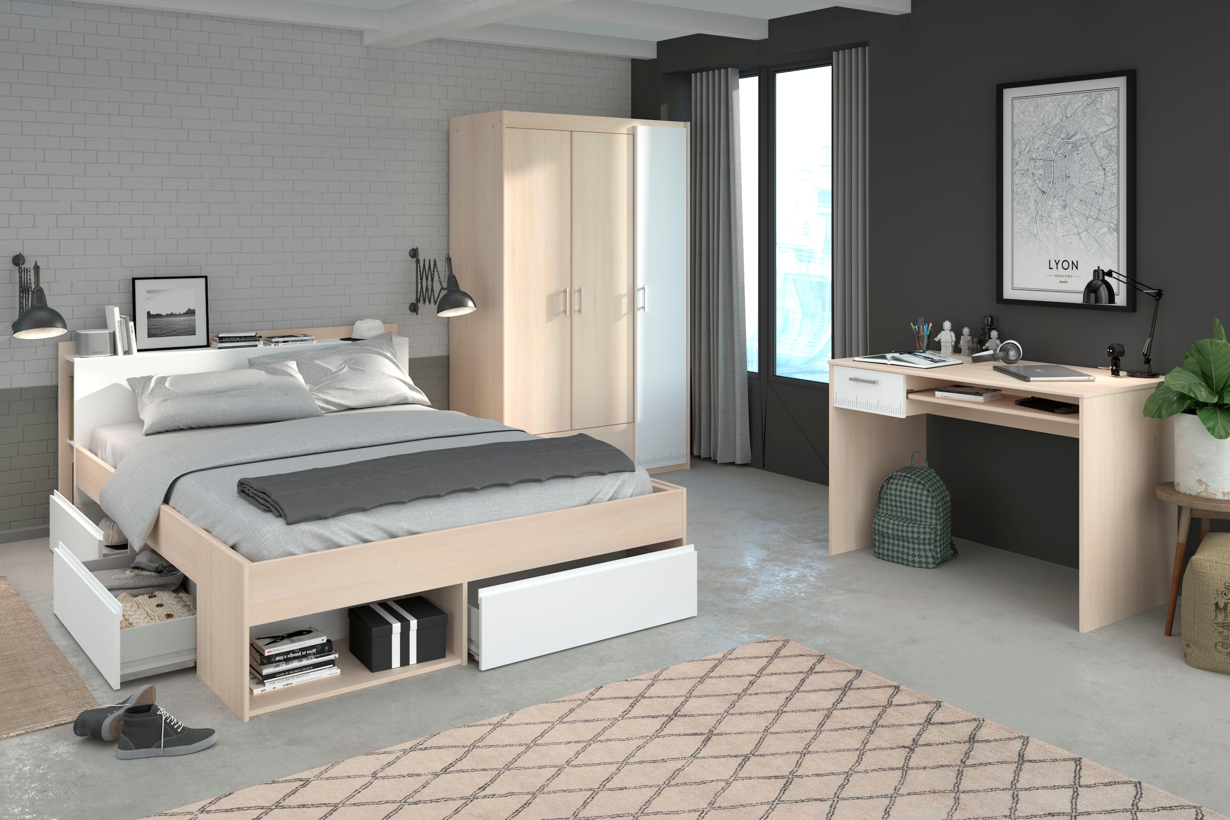 Parisot Jugendzimmer-Set »Most«, (Set, 3 tlg., Bett mit Schubkästen, Kleiderschrank und...