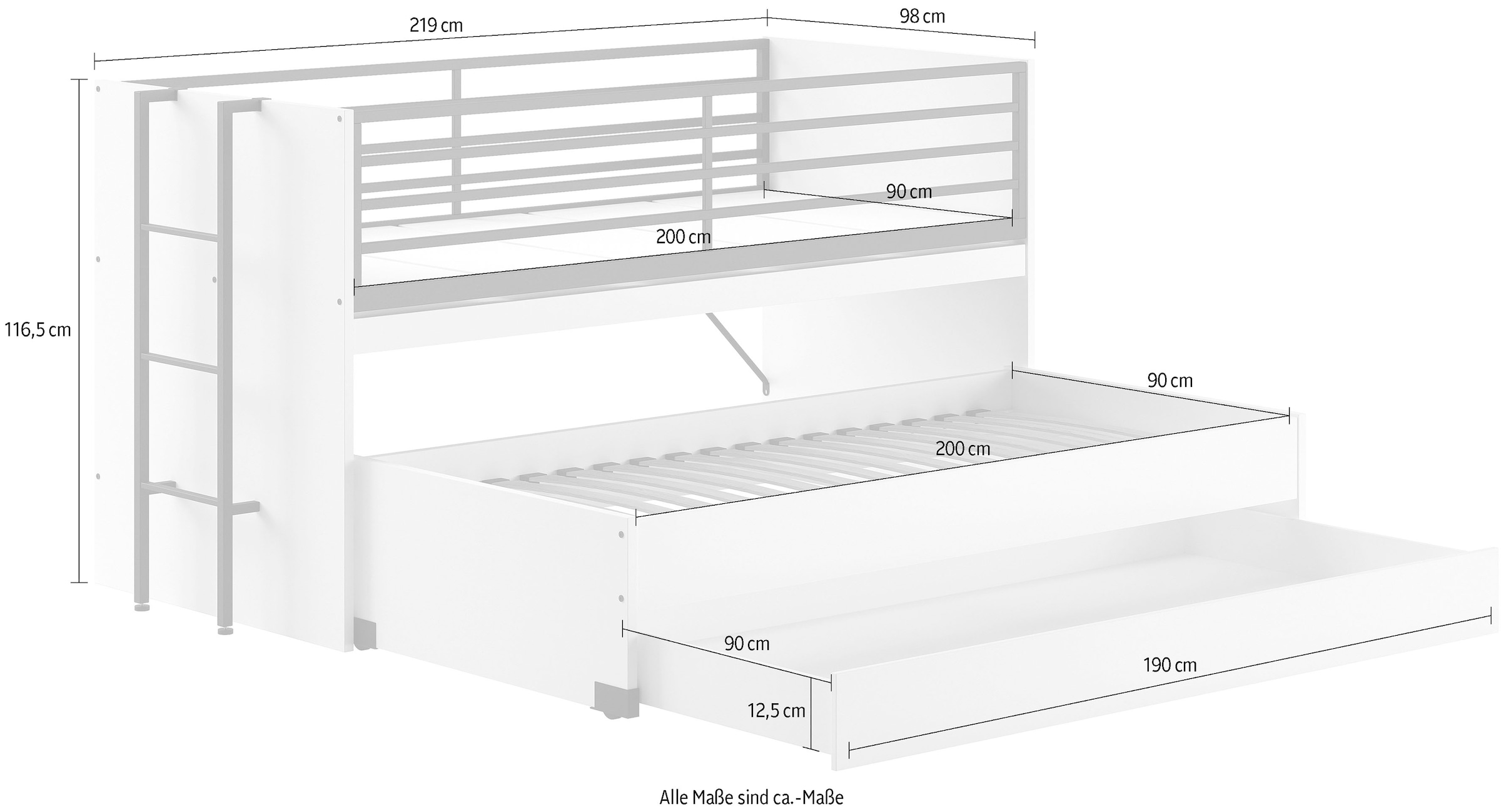 Vipack Etagenbett »praktisches Etagenbett mit viel Funktion, 2 Dekore zur Wahl« B/H/T ca. 219x114x98cm, Metall Leiter und Absturzschutz in schwarz,  für kleine Räume, 2 Liegefl., Bettschublade, inkl. Schreibtisch