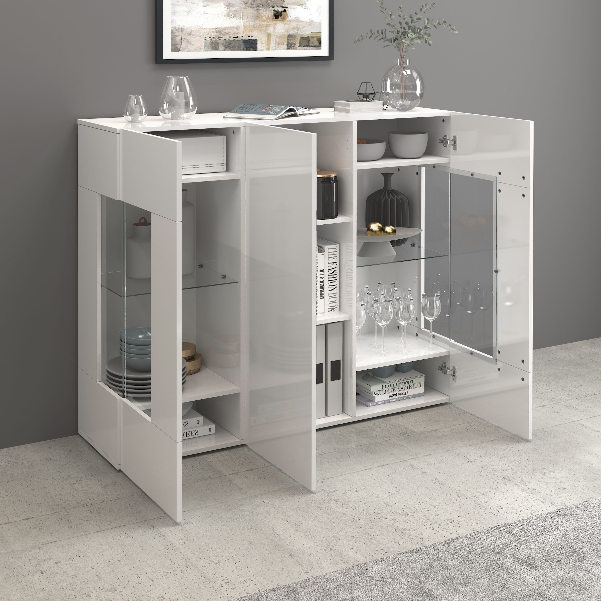 INOSIGN Highboard »Egypt, Highboard, Hochschrank, Hochkommode, Vitrine«, mit 3 Türen davon 2 mit Glaseinsatz,kompl. Hochglanz lack.,Breite 135