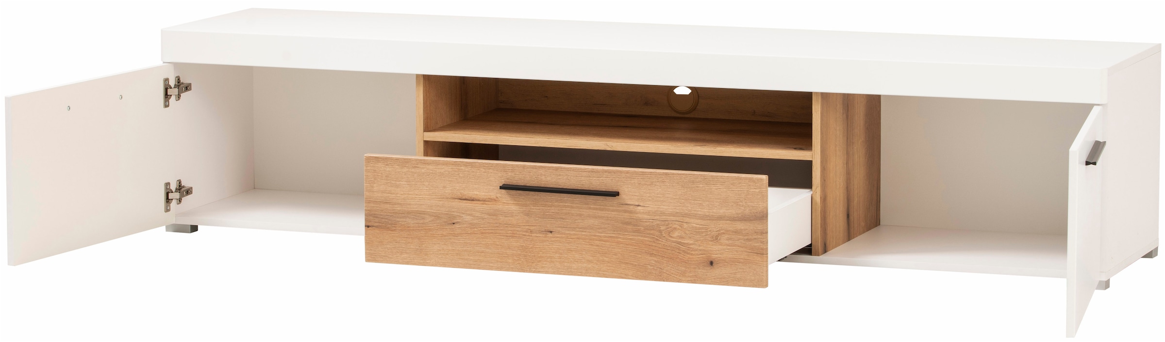 INOSIGN Wohnwand »Salerno, moderne Anbauwand, Wohnzimmer-Set, Weiss mit Eiche Evoke Dekor«, (Set, 2 St.), enthält Lowboard + Wandboard, Metallgriffe, 205 cm breit