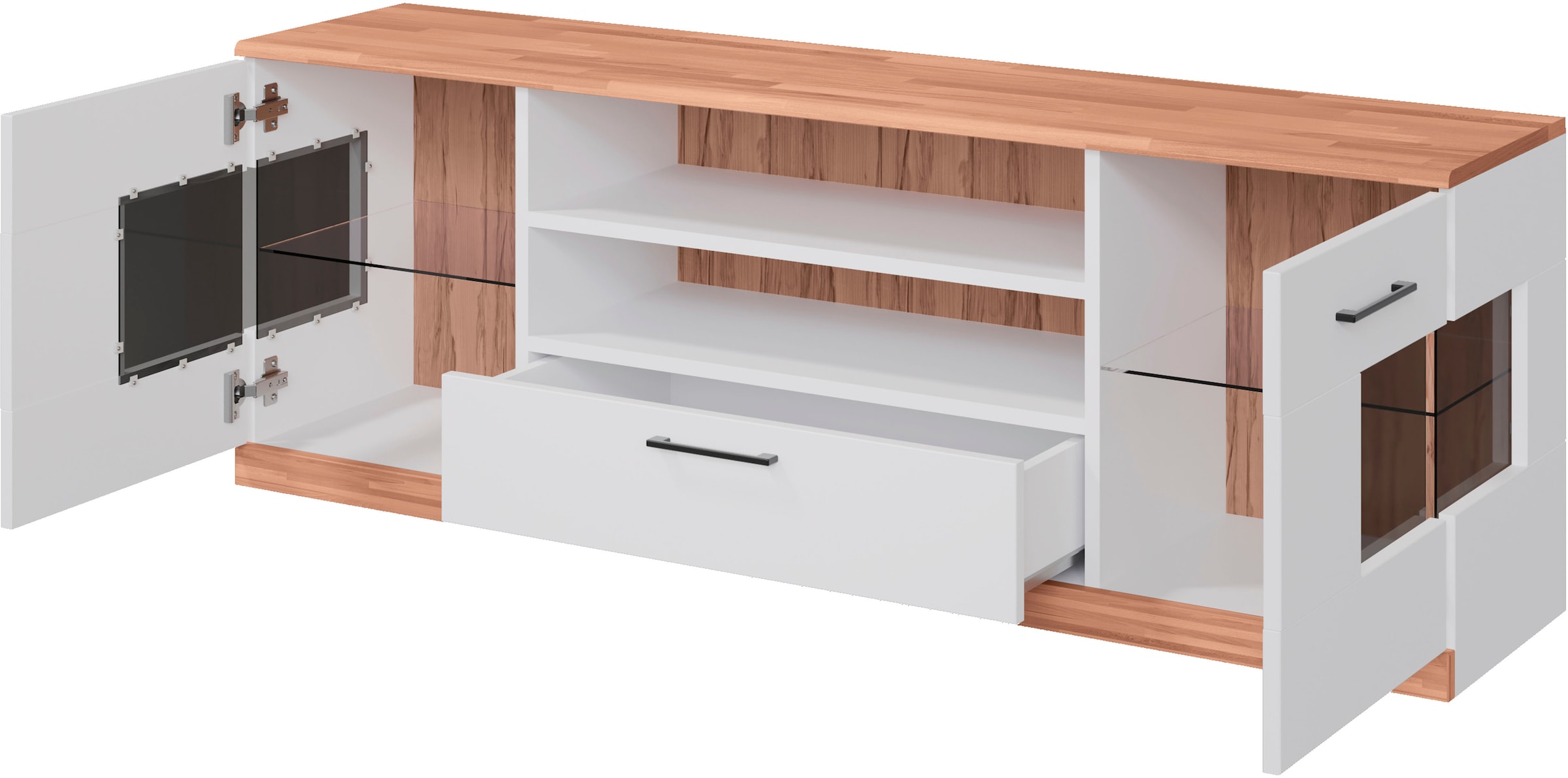 Home affaire Lowboard »Ribe,160cm breit,55cm hoch«, Oberplatte Massivholz,schwarze Metall Griffe,2 Türen mit Glaseinsatz