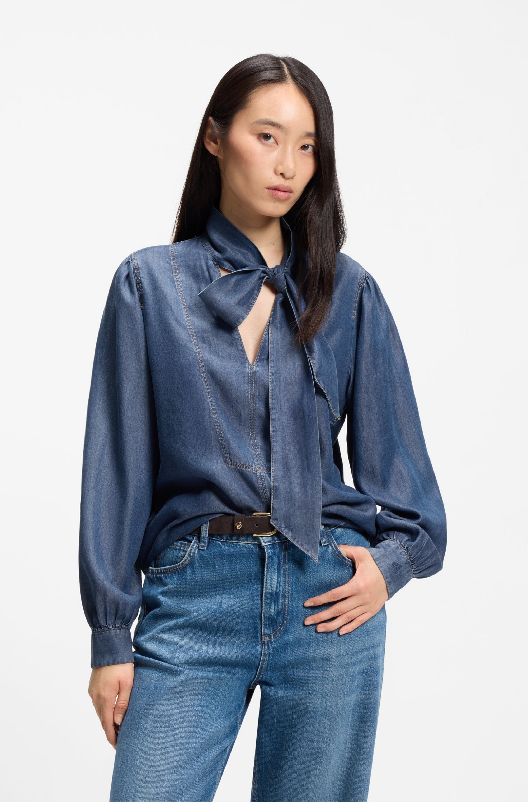BOSS ORANGE Blouse à manches longues »Betilla Premium Damenmode« mit Schal-Detail, Denim-Look